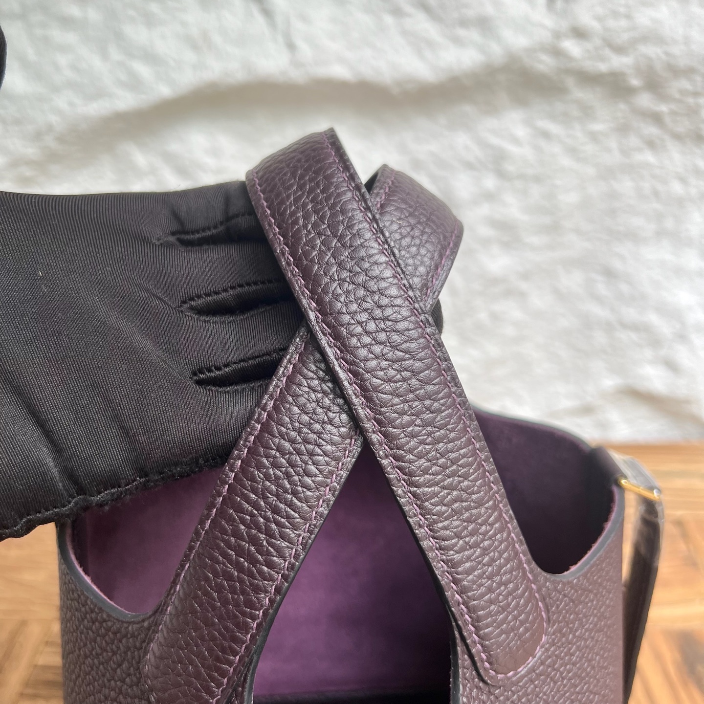 Picotin 18cm Barenia imported grain saddle leather Color: Ck59 grape purple, fully handmade wax thread sewing Gold buckle customized✈️ - Image 5