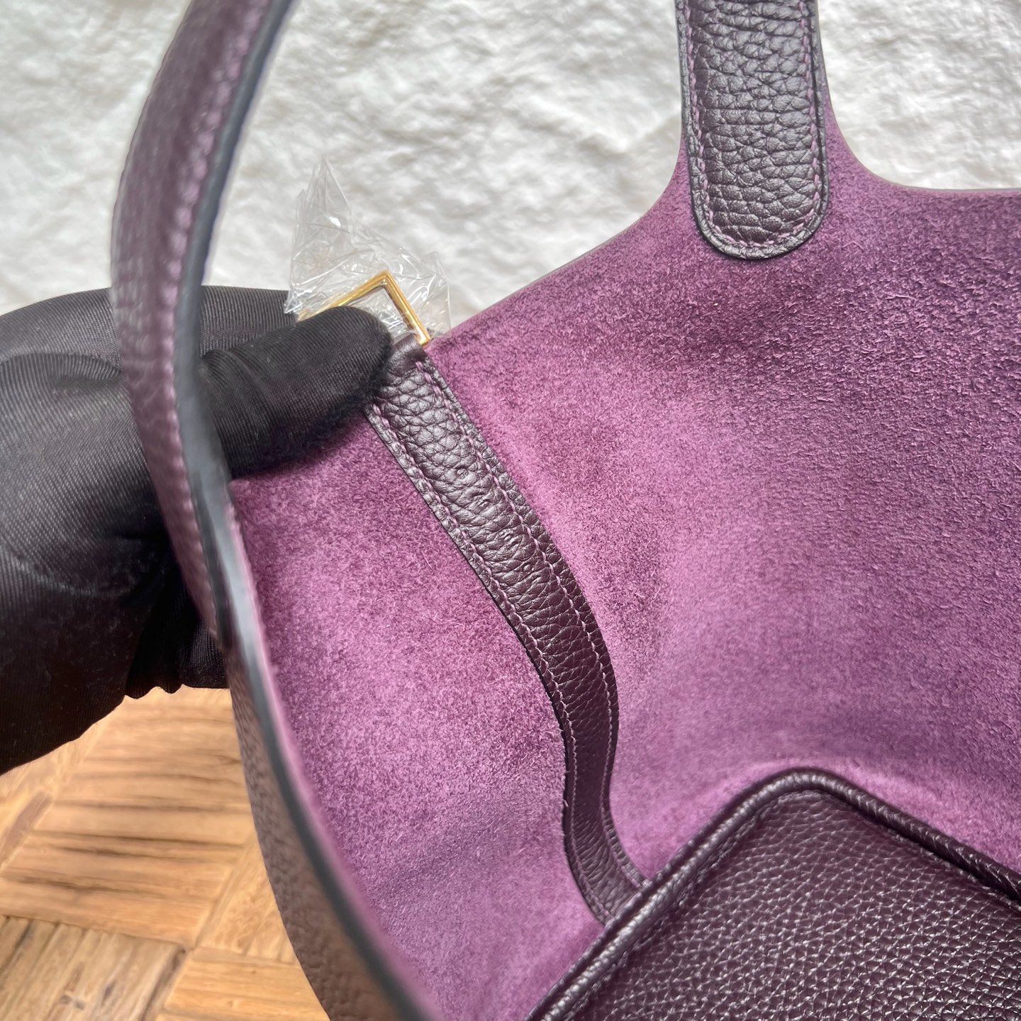Picotin 18cm Barenia imported grain saddle leather Color: Ck59 grape purple, fully handmade wax thread sewing Gold buckle customized✈️ - Image 7