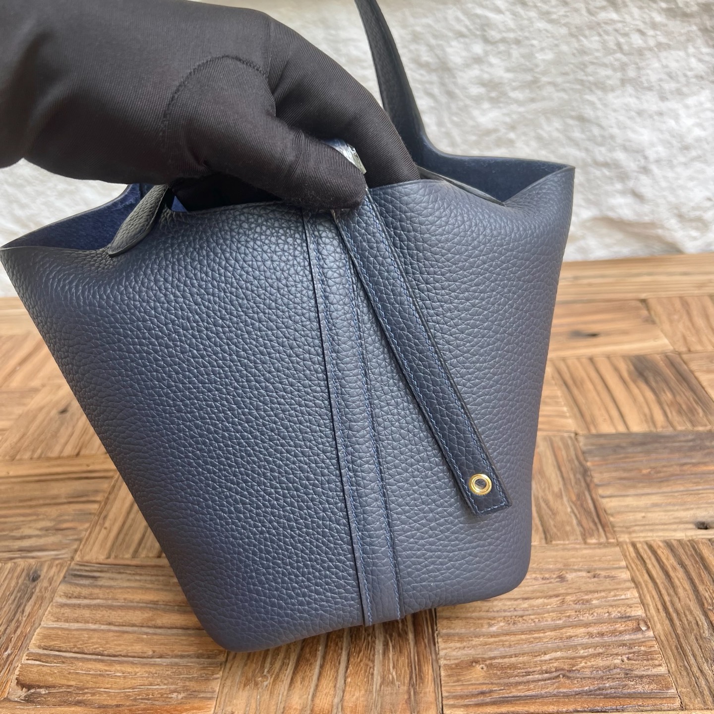 Picotin 18cm Clemence original cow tc leather Color: 2Z midnight blue, fully handmade wax stitching Gold buckle customized✈️ - Image 3