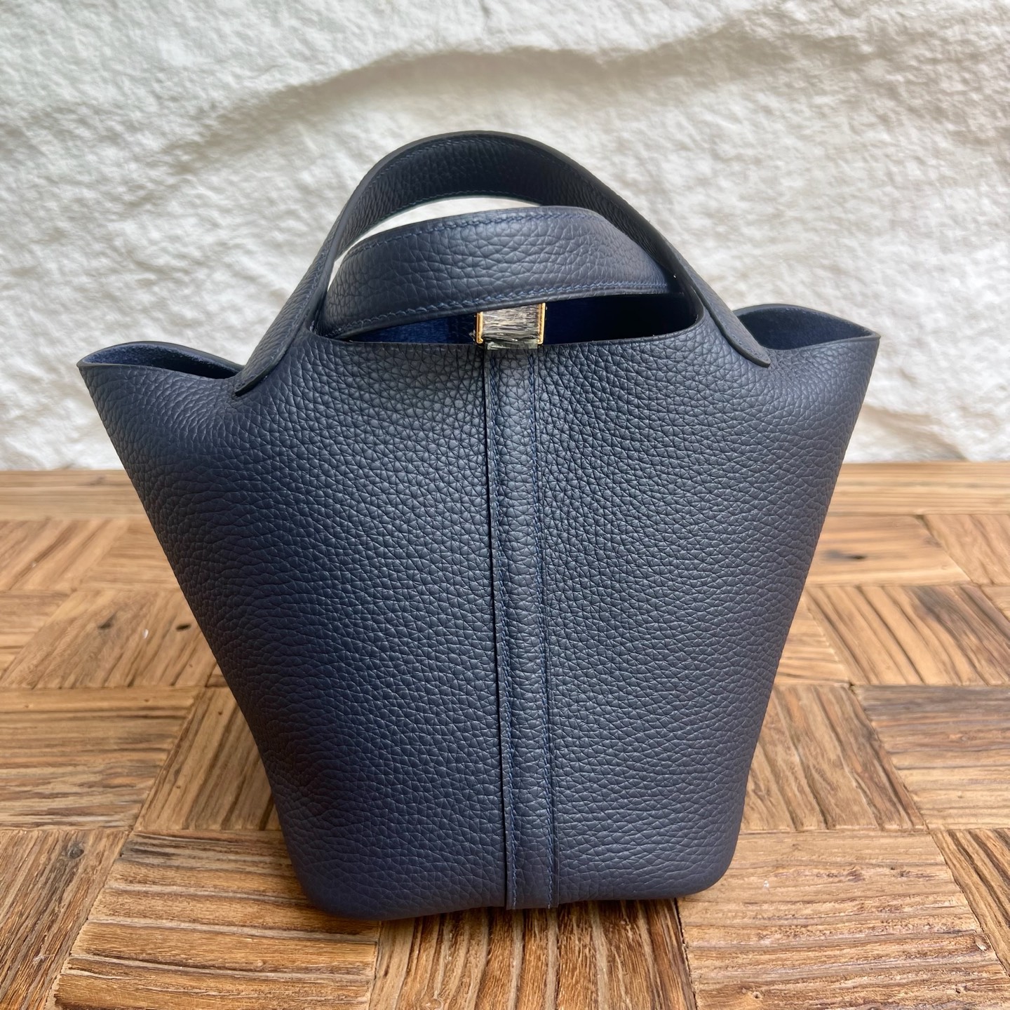 Picotin 18cm Clemence original cow tc leather Color: 2Z midnight blue, fully handmade wax stitching Gold buckle customized✈️ - Image 8