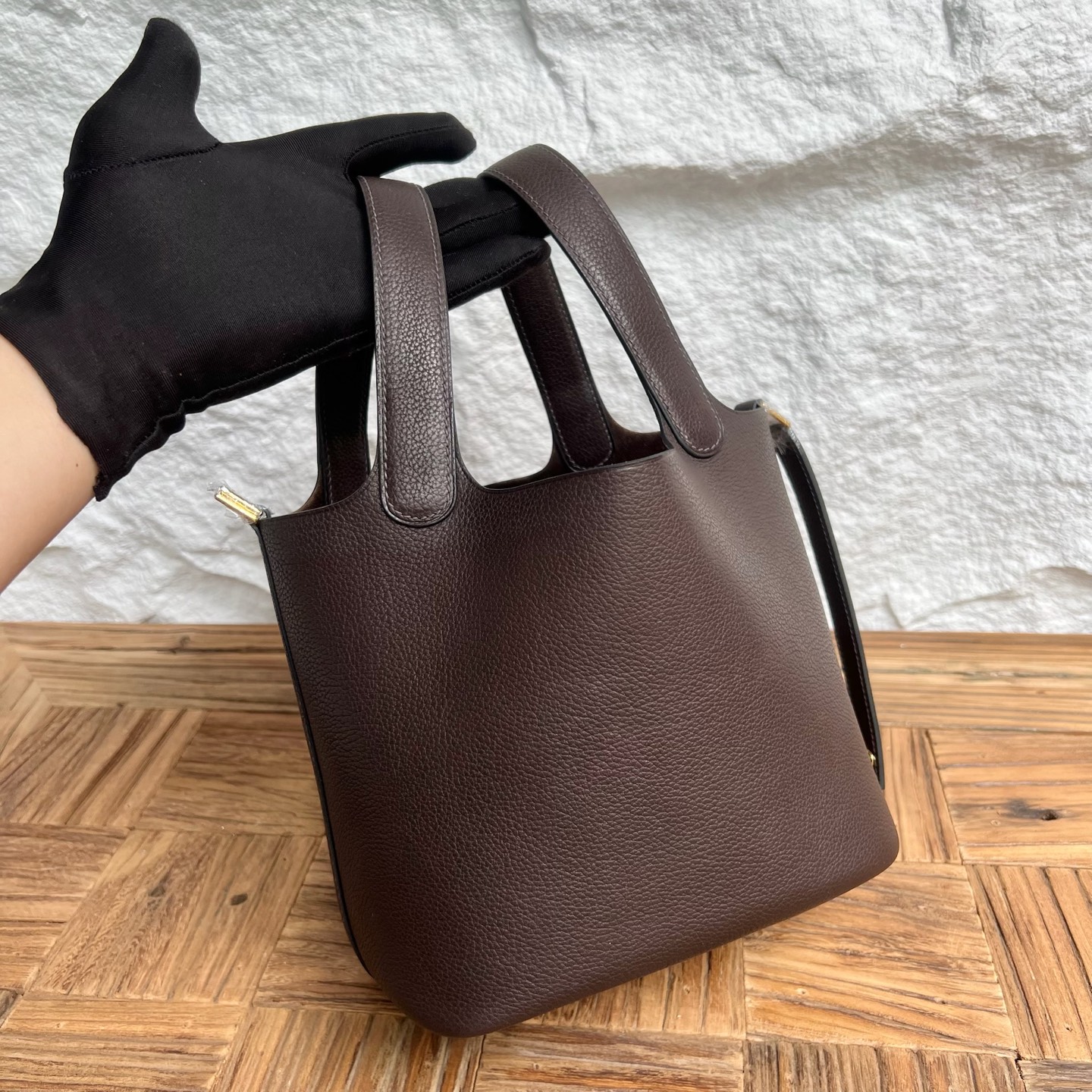 Picotin 18cm Barenia imported grain saddle leather Color: Ck46 ebony color Ebene fully handmade wax stitching Phw customized✈️ - Image 2
