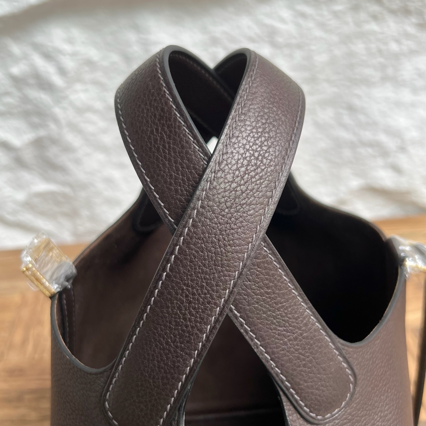 Picotin 18cm Barenia imported grain saddle leather Color: Ck46 ebony color Ebene fully handmade wax stitching Phw customized✈️ - Image 4