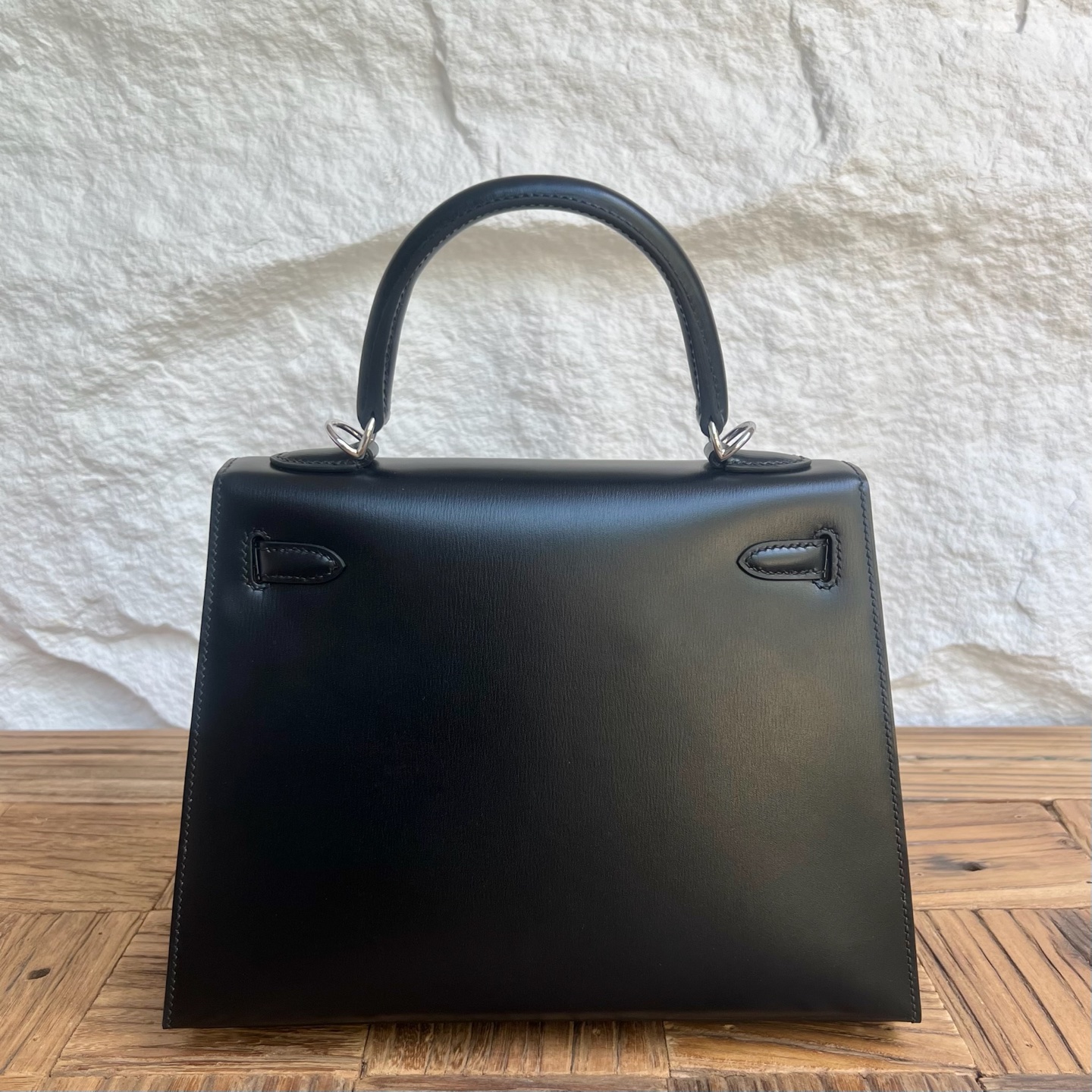 Kelly 25cm Box Leather Color: Ck89 black Noir fully handmade wax thread sewing Silver buckle customized✈️ - Image 4
