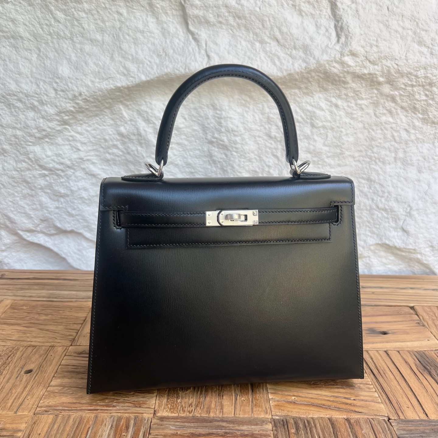 Kelly 25cm Box Leather Color: Ck89 black Noir fully handmade wax thread sewing Silver buckle customized✈️ - Image 10