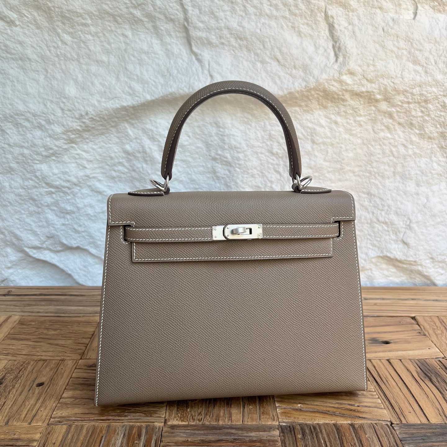 Spot Kelly 25cm Epsom Color: Ck18 elephant gray, fully handmade wax thread sewing Silver buckle Stock - Image 10