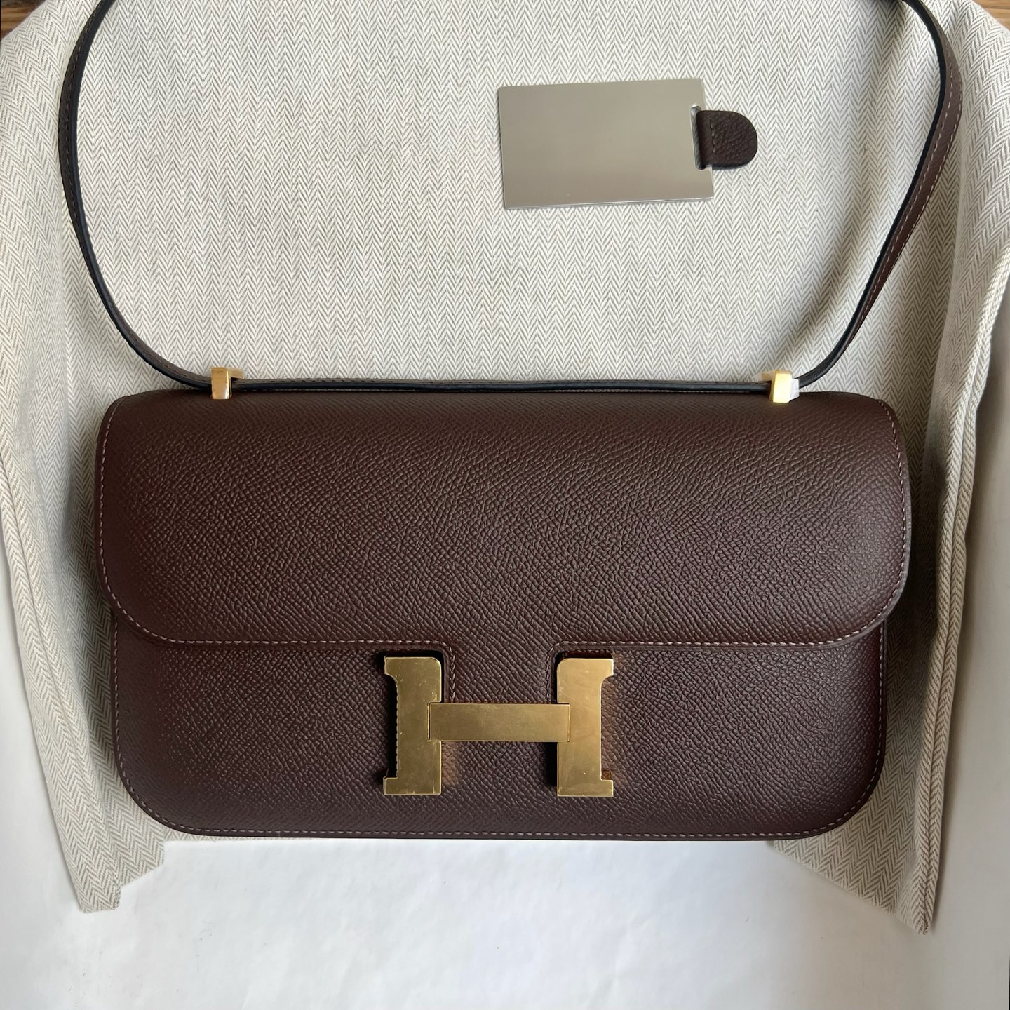 Constance elan 23cm🪞Mirror style Epsom Color: 47 chocolate 🍫 Fully handmade wax thread sewing Gold buckle customized✈️ - Image 11