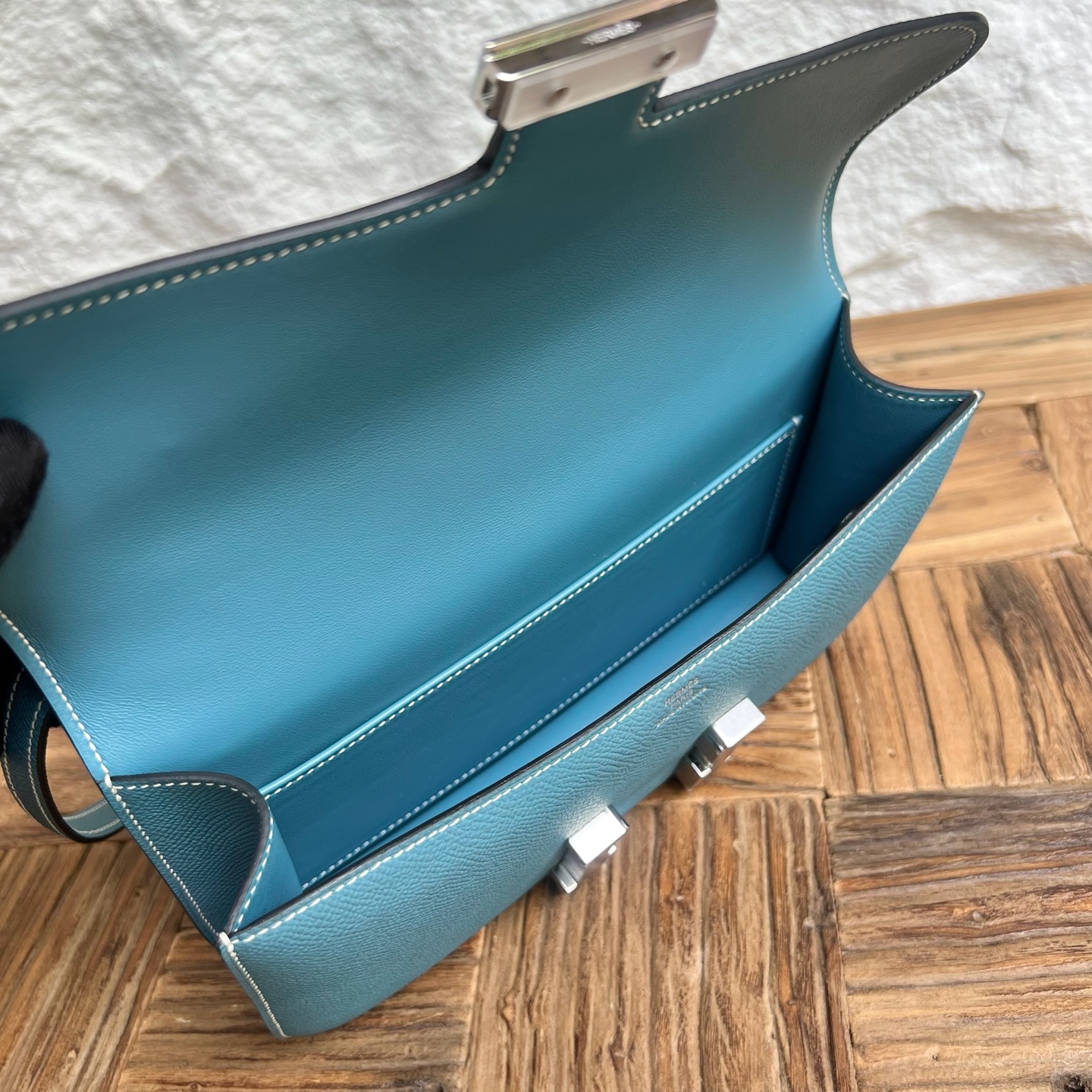 Constance elan 23cm🪞Mirror style Epsom Color: D2 New Bleu Jean Fully handmade wax thread sewing Silver buckle customized✈️ - Image 5