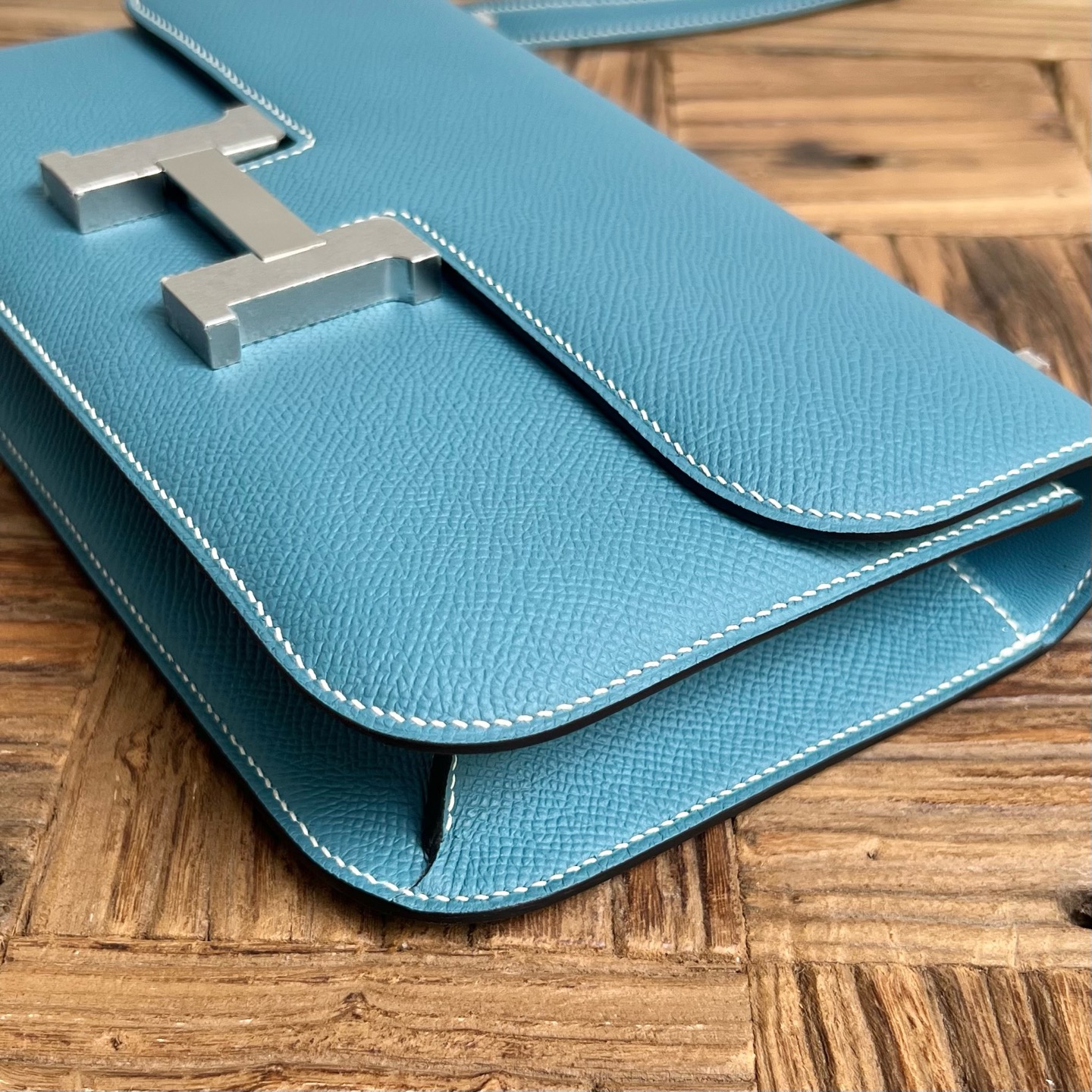 Constance elan 23cm🪞Mirror style Epsom Color: D2 New Bleu Jean Fully handmade wax thread sewing Silver buckle customized✈️ - Image 9