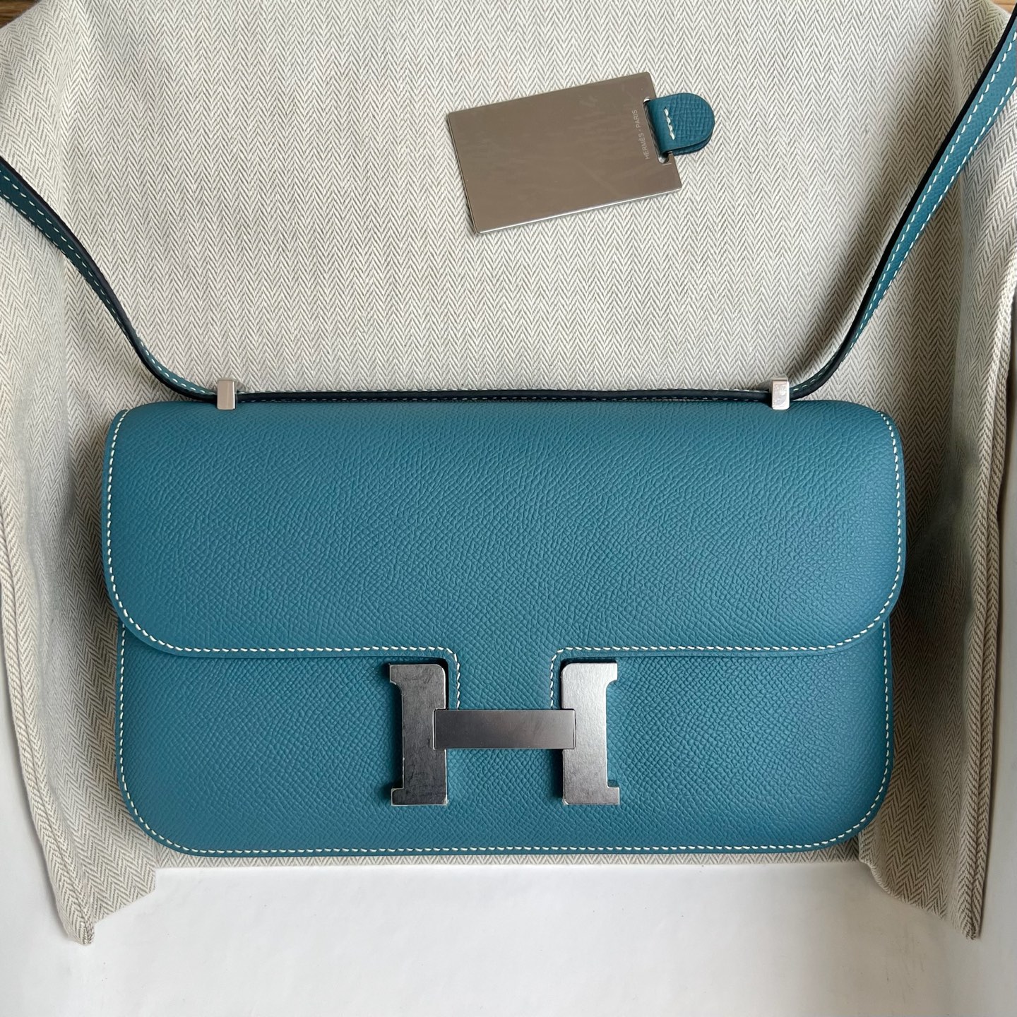 Constance elan 23cm🪞Mirror style Epsom Color: D2 New Bleu Jean Fully handmade wax thread sewing Silver buckle customized✈️ - Image 16