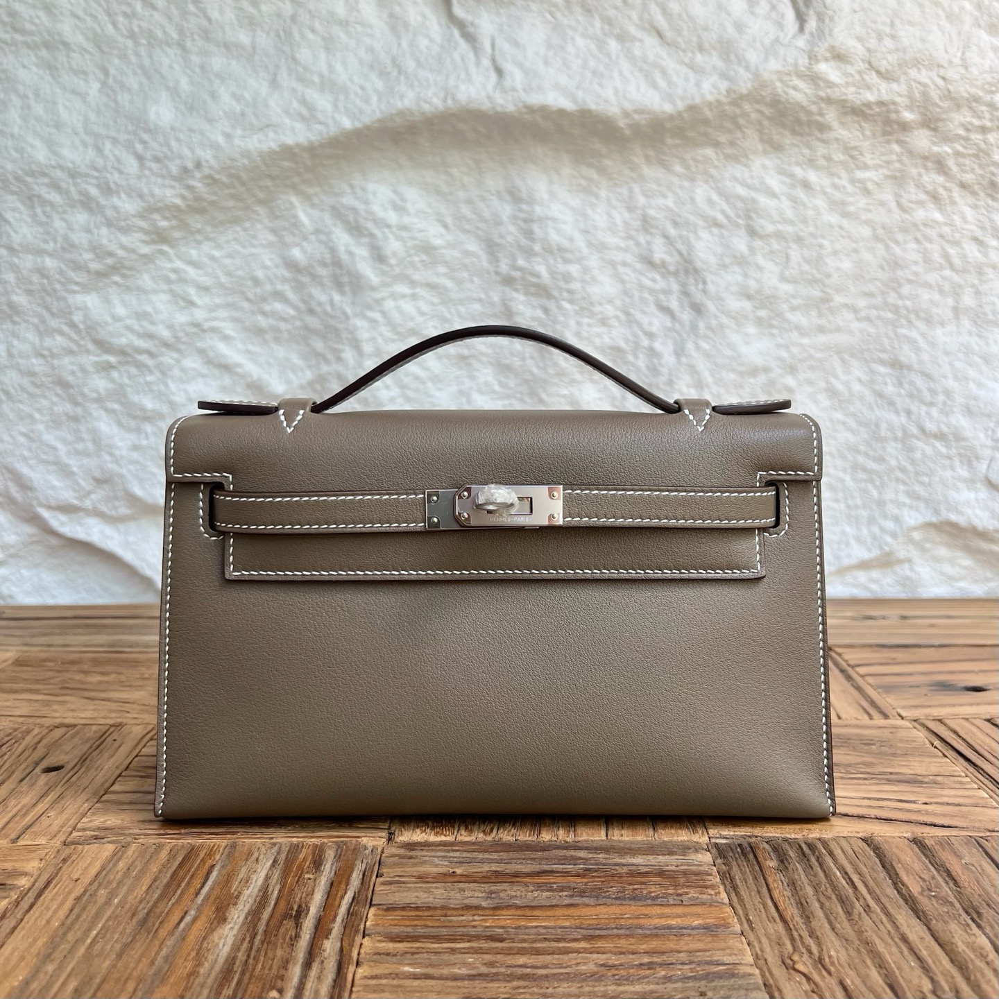 Mini Kelly Pochette 22cm Swift Color: Ck18 elephant gray Etoupe Handmade wax thread sewing Silver buckle customized✈️