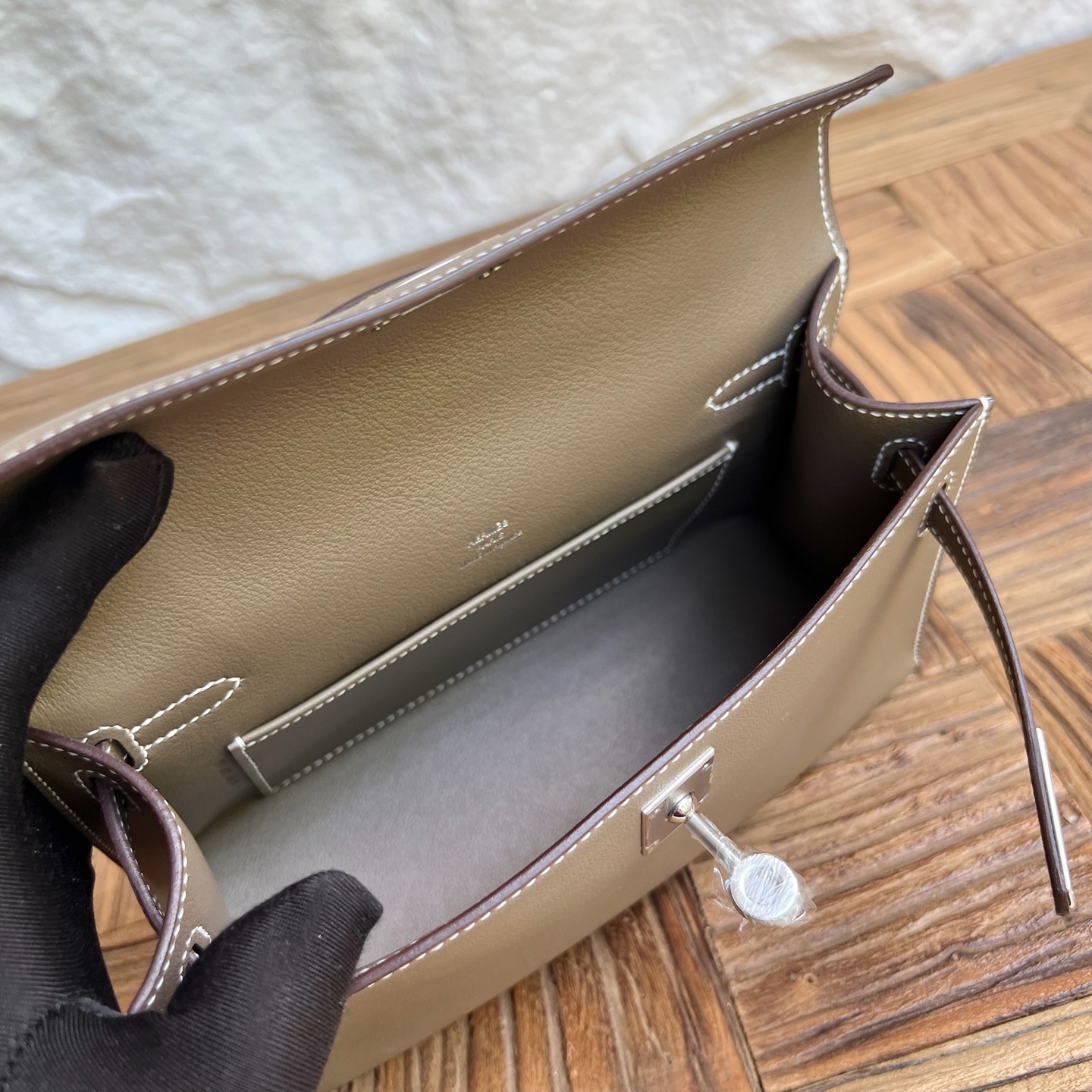 Mini Kelly Pochette 22cm Swift Color: Ck18 elephant gray Etoupe Handmade wax thread sewing Silver buckle customized✈️ - Image 6