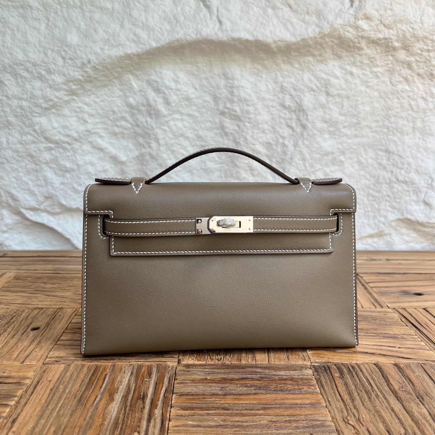 Mini Kelly Pochette 22cm Swift Color: Ck18 elephant gray Etoupe Handmade wax thread sewing Silver buckle customized✈️ - Image 10