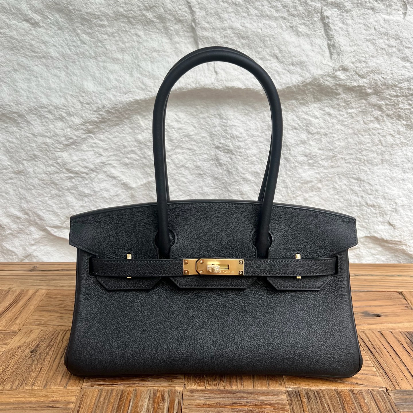 In stock Birkin Shoulder 29 Evercolor Color: Ck89 black Noir Fully handmade wax thread sewing Gold buckle Stock