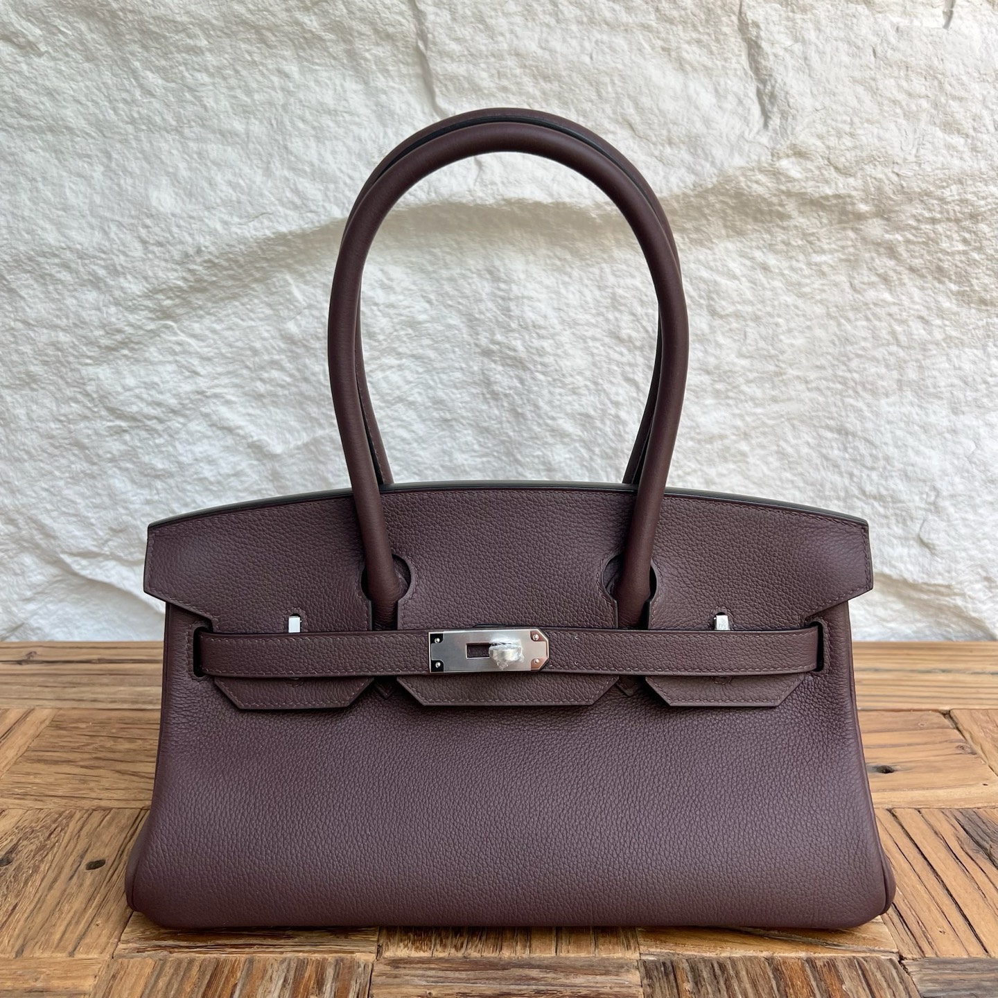 In stock Birkin Shoulder 29 Evercolor Color: Ck44 Moka Fonce Fully handmade wax thread sewing Silver buckle Stock