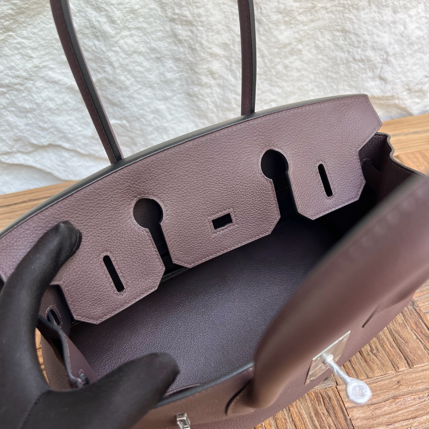 In stock Birkin Shoulder 29 Evercolor Color: Ck44 Moka Fonce Fully handmade wax thread sewing Silver buckle Stock - Image 6