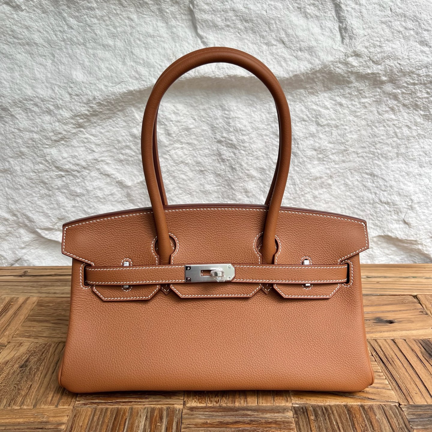 In stock Birkin Shoulder 29 Evercolor Color: Ck37 golden brown Gold Fully handmade wax thread sewing Silver buckle Stock
