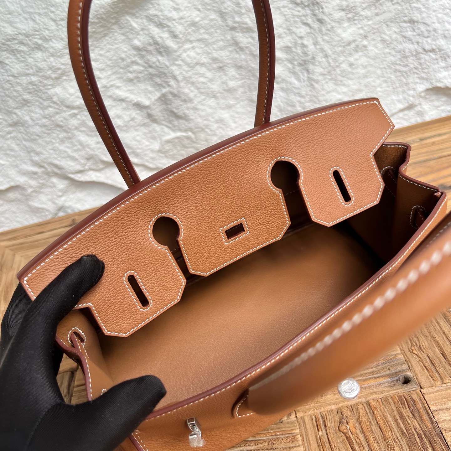 In stock Birkin Shoulder 29 Evercolor Color: Ck37 golden brown Gold Fully handmade wax thread sewing Silver buckle Stock - Image 6