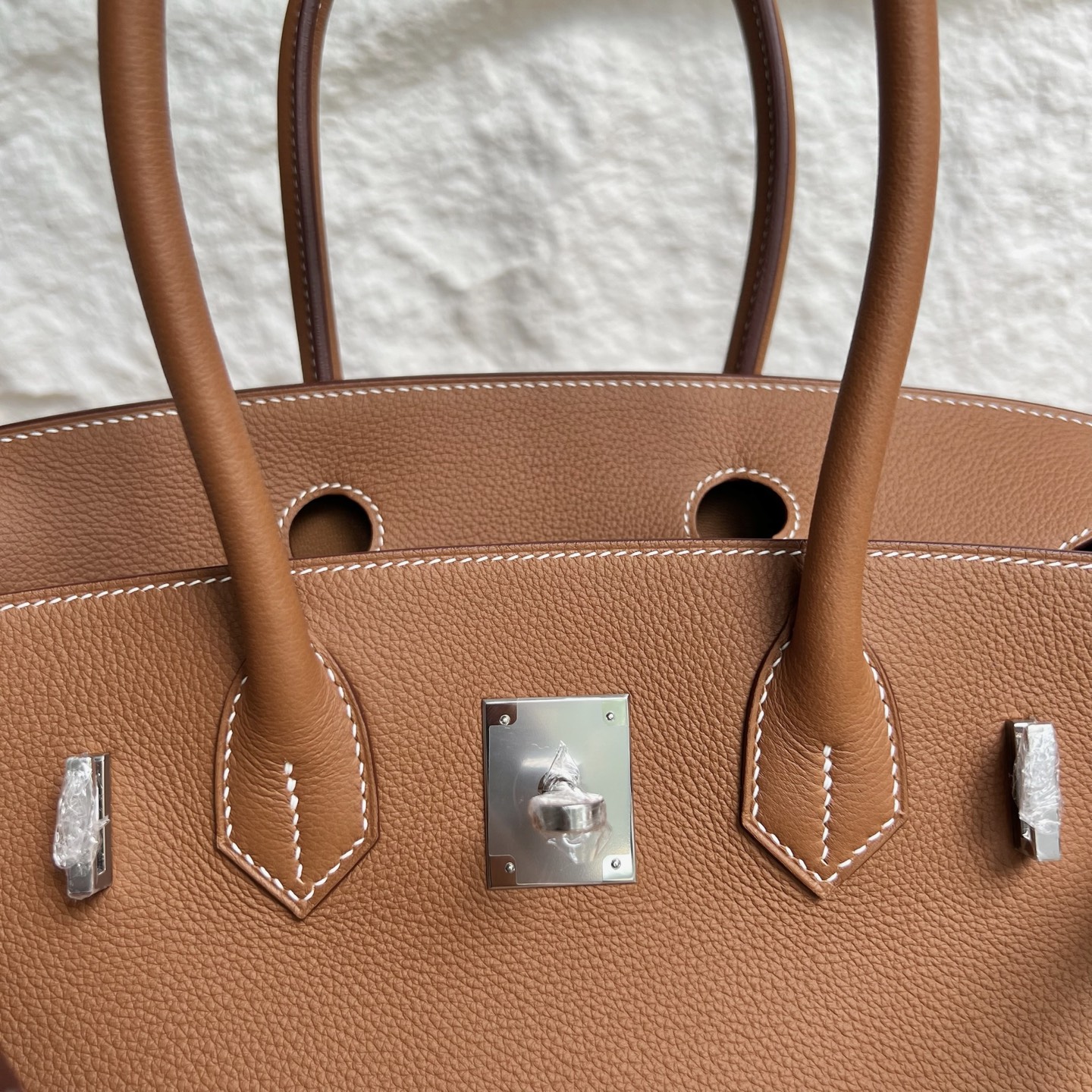 In stock Birkin Shoulder 29 Evercolor Color: Ck37 golden brown Gold Fully handmade wax thread sewing Silver buckle Stock - Image 8
