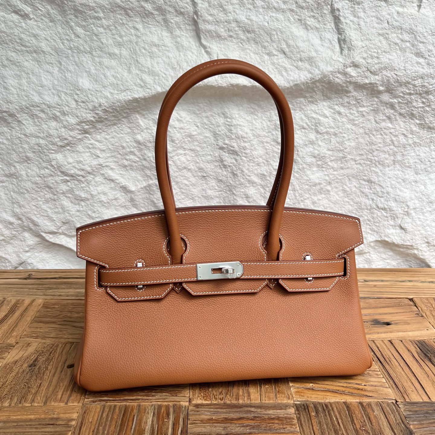 In stock Birkin Shoulder 29 Evercolor Color: Ck37 golden brown Gold Fully handmade wax thread sewing Silver buckle Stock - Image 10