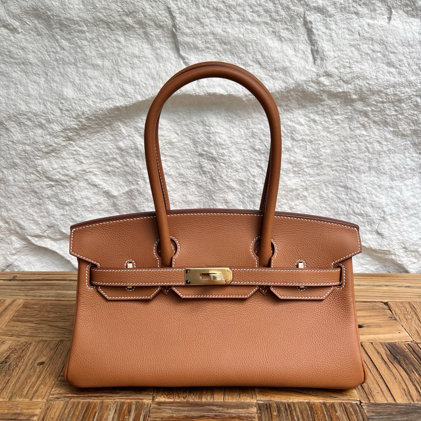 In stock Birkin Shoulder 29 Evercolor Color: 37 golden brown Gold Fully handmade wax thread sewing Gold buckle Stock