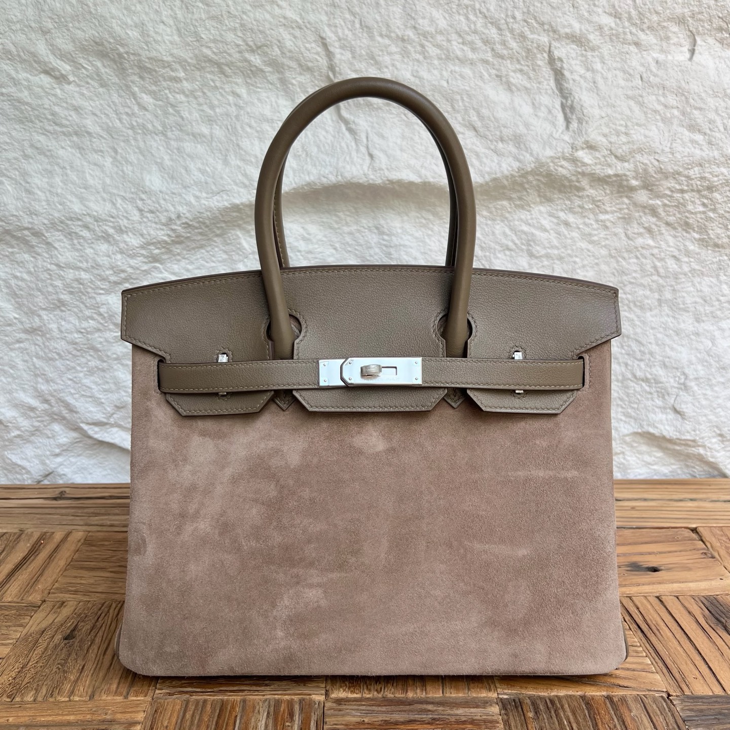Birkin 30cm Grizzly Swift/Suede Color: Ck18 elephant gray Etoupe Handmade wax thread sewing Silver buckle customized✈️