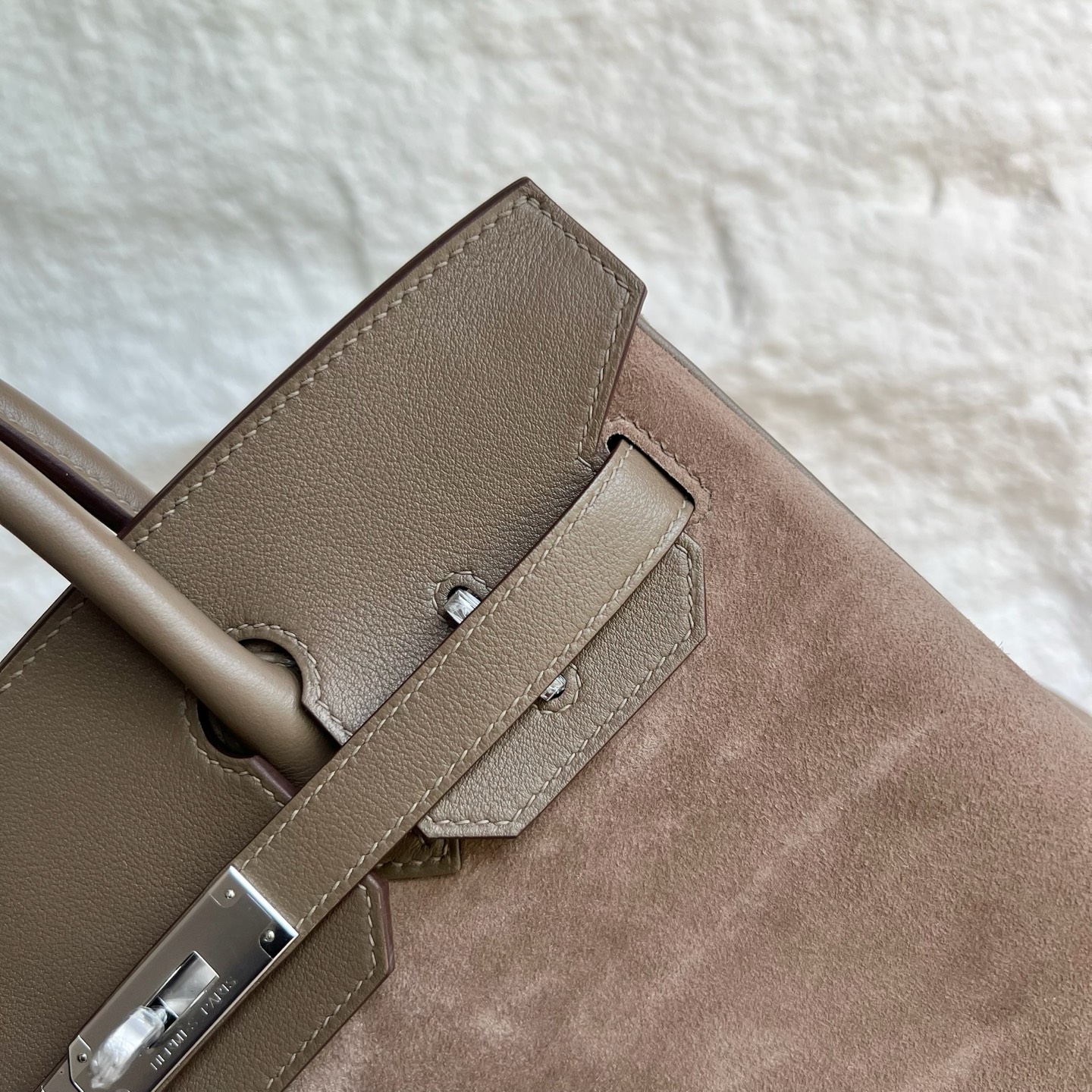 Birkin 30cm Grizzly Swift/Suede Color: Ck18 elephant gray Etoupe Handmade wax thread sewing Silver buckle customized✈️ - Image 2