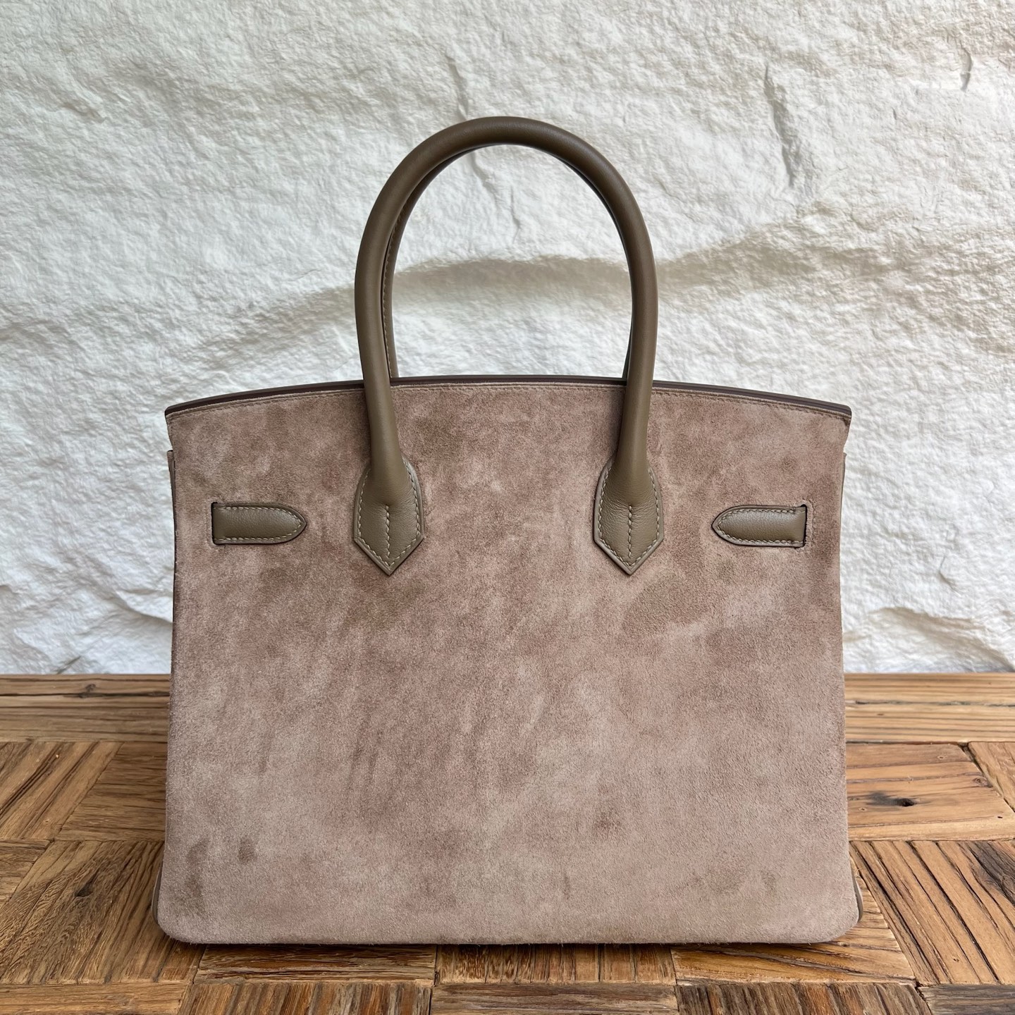 Birkin 30cm Grizzly Swift/Suede Color: Ck18 elephant gray Etoupe Handmade wax thread sewing Silver buckle customized✈️ - Image 4