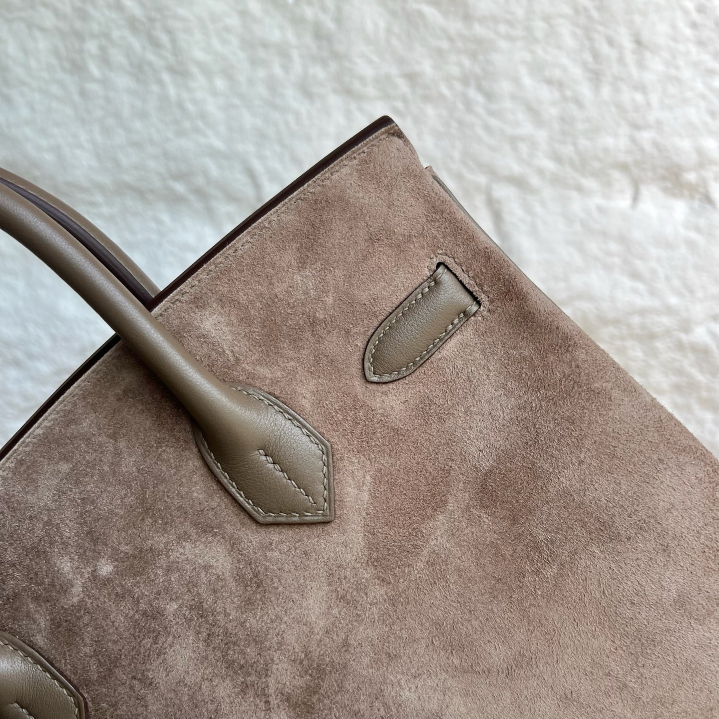 Birkin 30cm Grizzly Swift/Suede Color: Ck18 elephant gray Etoupe Handmade wax thread sewing Silver buckle customized✈️ - Image 5