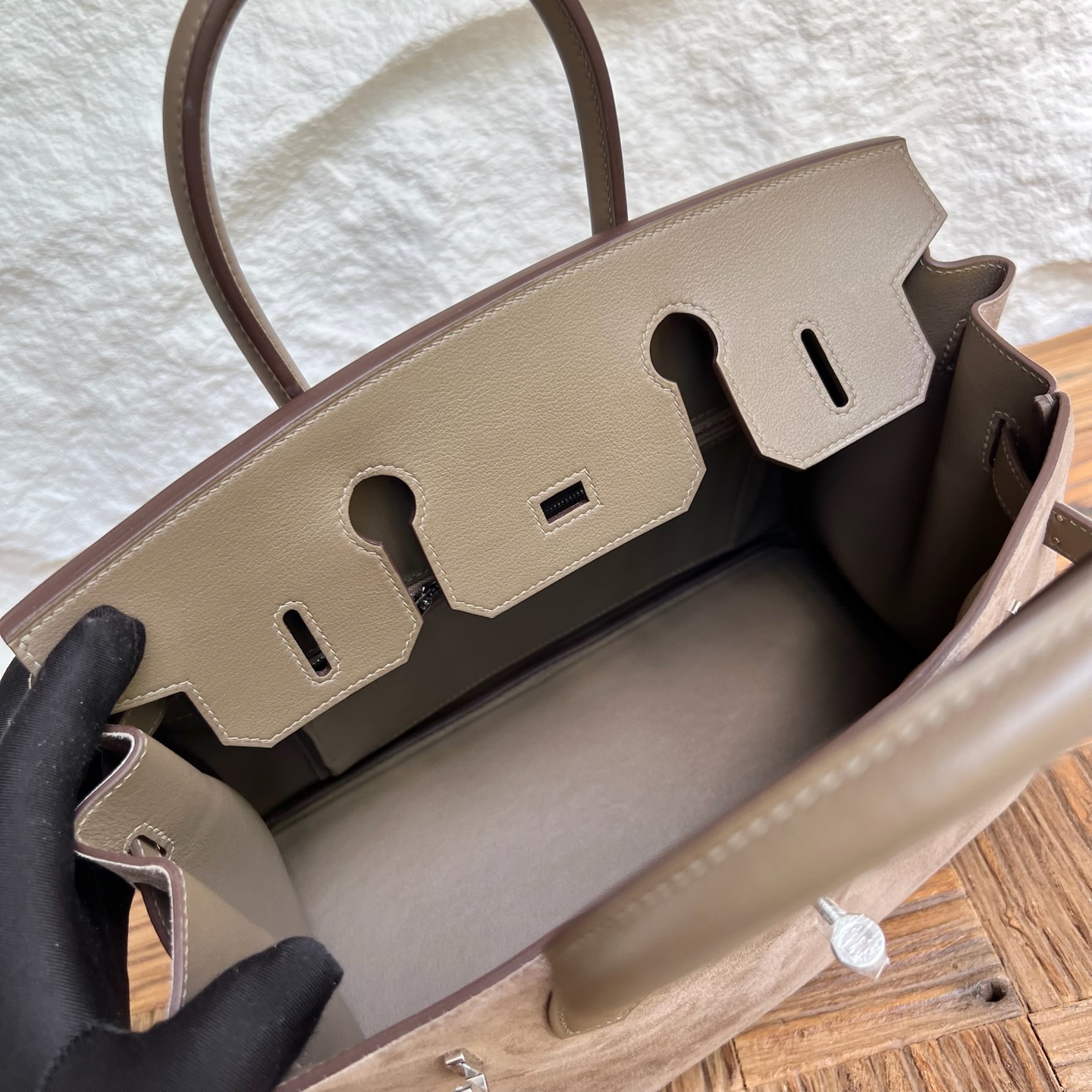 Birkin 30cm Grizzly Swift/Suede Color: Ck18 elephant gray Etoupe Handmade wax thread sewing Silver buckle customized✈️ - Image 6