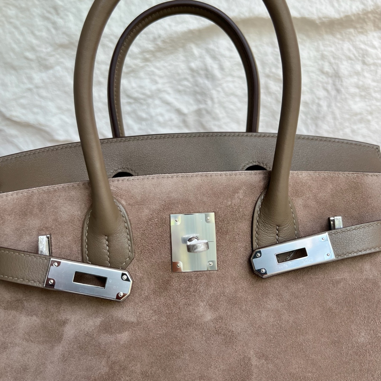 Birkin 30cm Grizzly Swift/Suede Color: Ck18 elephant gray Etoupe Handmade wax thread sewing Silver buckle customized✈️ - Image 8
