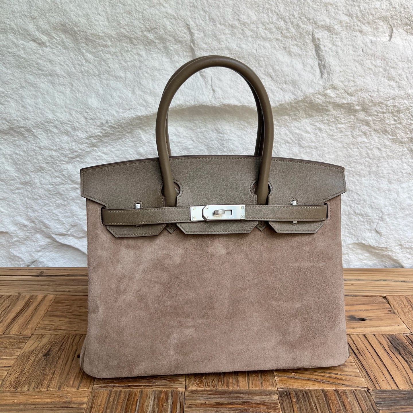 Birkin 30cm Grizzly Swift/Suede Color: Ck18 elephant gray Etoupe Handmade wax thread sewing Silver buckle customized✈️ - Image 11