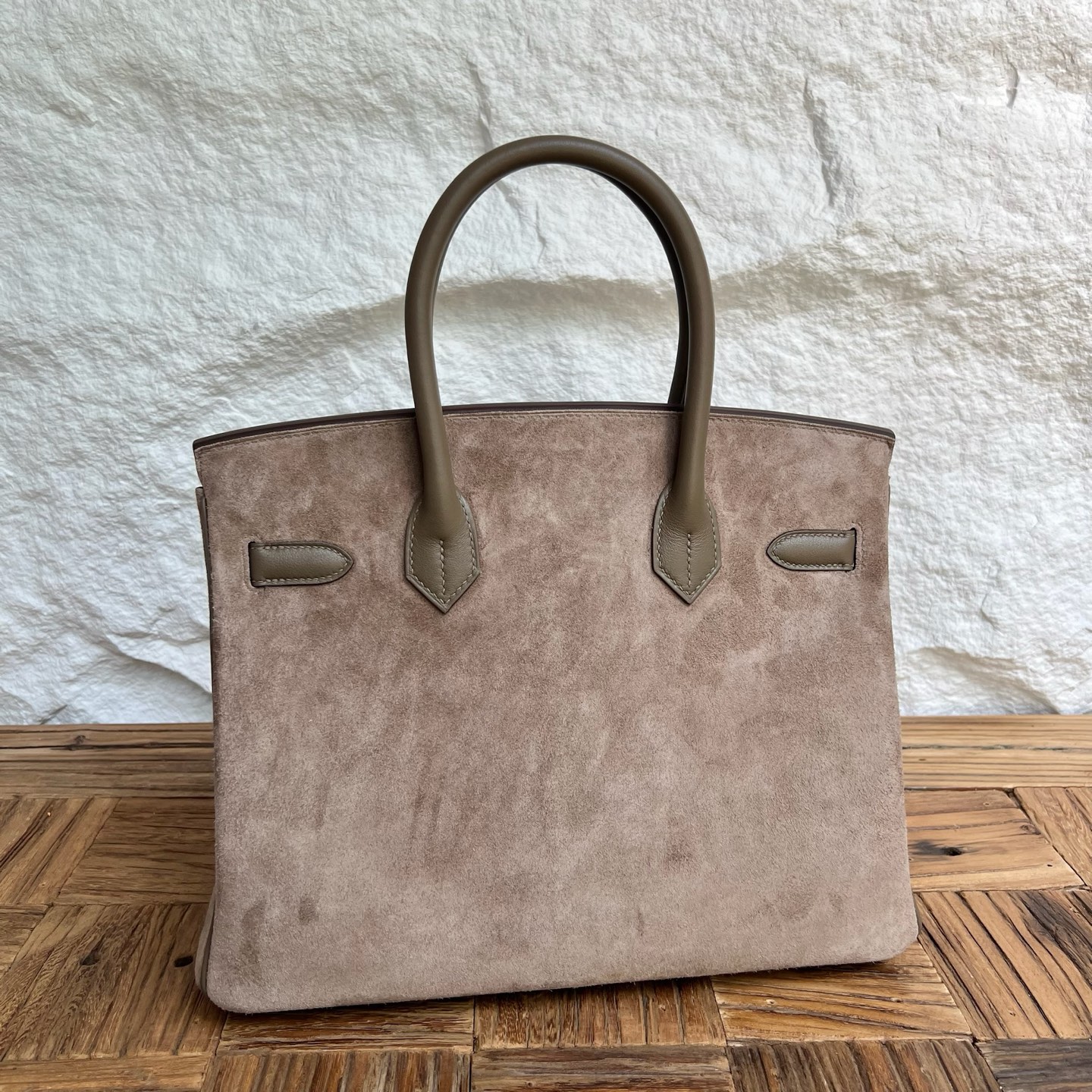 Birkin 30cm Grizzly Swift/Suede Color: Ck18 elephant gray Etoupe Handmade wax thread sewing Silver buckle customized✈️ - Image 12