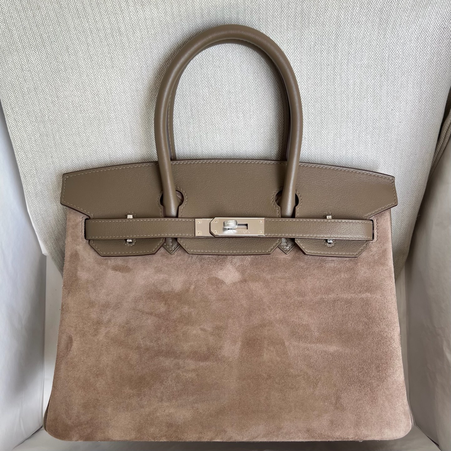Birkin 30cm Grizzly Swift/Suede Color: Ck18 elephant gray Etoupe Handmade wax thread sewing Silver buckle customized✈️ - Image 13
