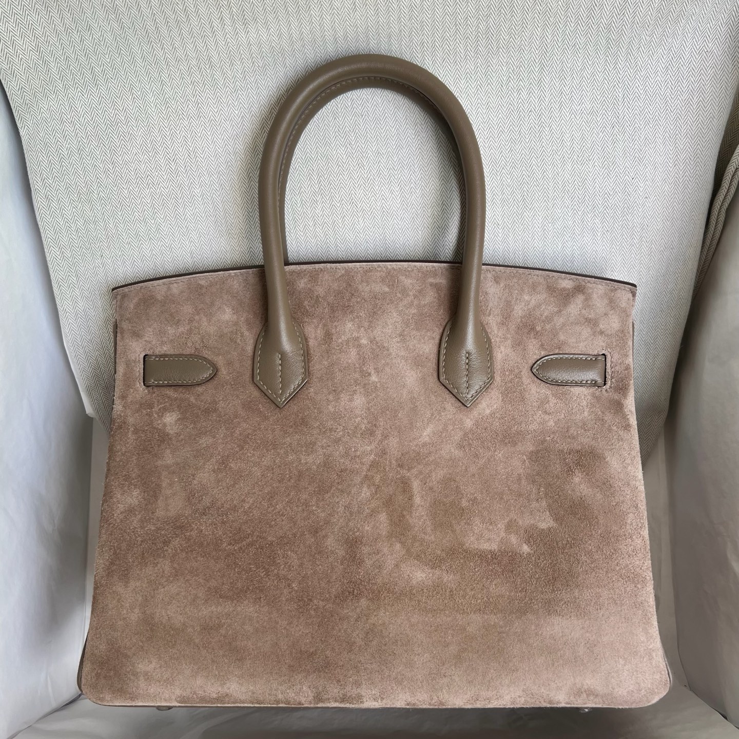 Birkin 30cm Grizzly Swift/Suede Color: Ck18 elephant gray Etoupe Handmade wax thread sewing Silver buckle customized✈️ - Image 14