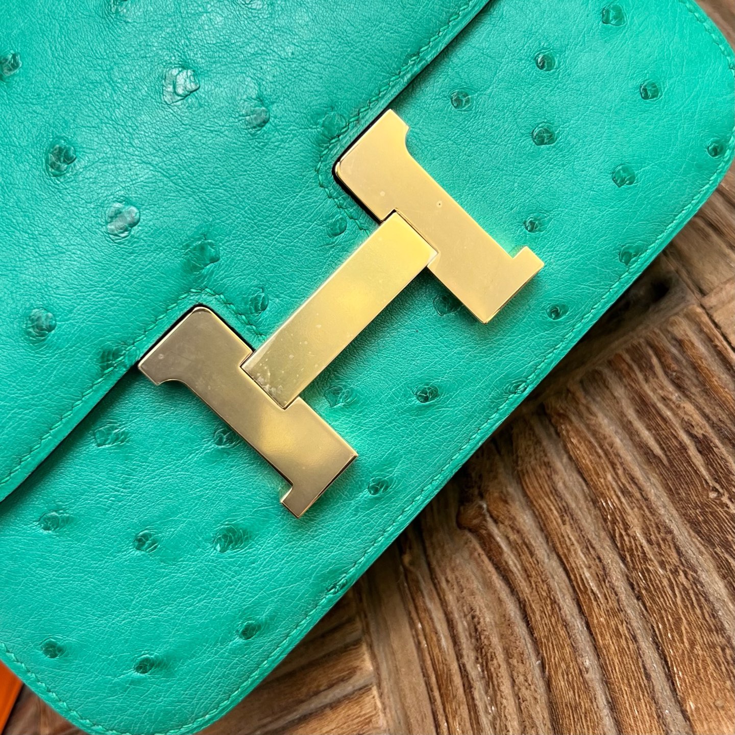 Spot Constance 18cm Ostrich original imported kk South African ostrich skin Color: U1 Verona Green Fully handmade wax stitching Gold buckle Stock - Image 2