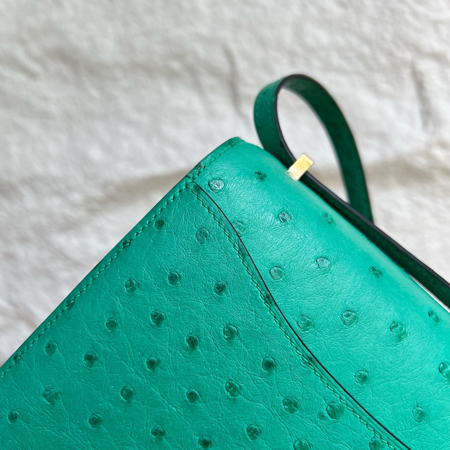 Spot Constance 18cm Ostrich original imported kk South African ostrich skin Color: U1 Verona Green Fully handmade wax stitching Gold buckle Stock - Image 6
