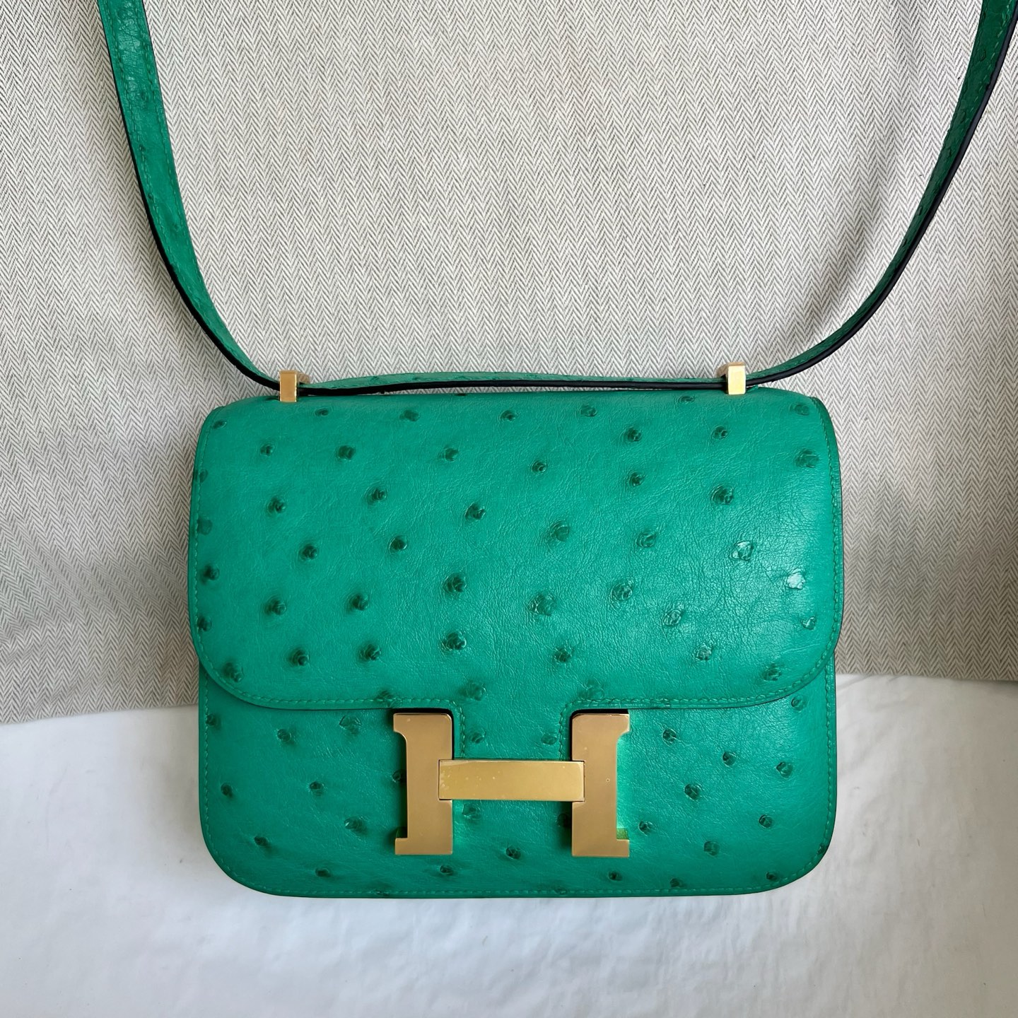 Spot Constance 18cm Ostrich original imported kk South African ostrich skin Color: U1 Verona Green Fully handmade wax stitching Gold buckle Stock - Image 11
