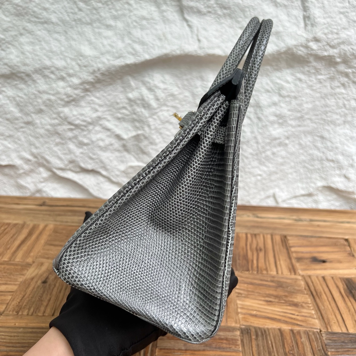 Spot Birkin 25cm Lizard imported glossy lizard skin Color: 82 dark gray Fully handmade wax stitching Ghw Stock - Image 3