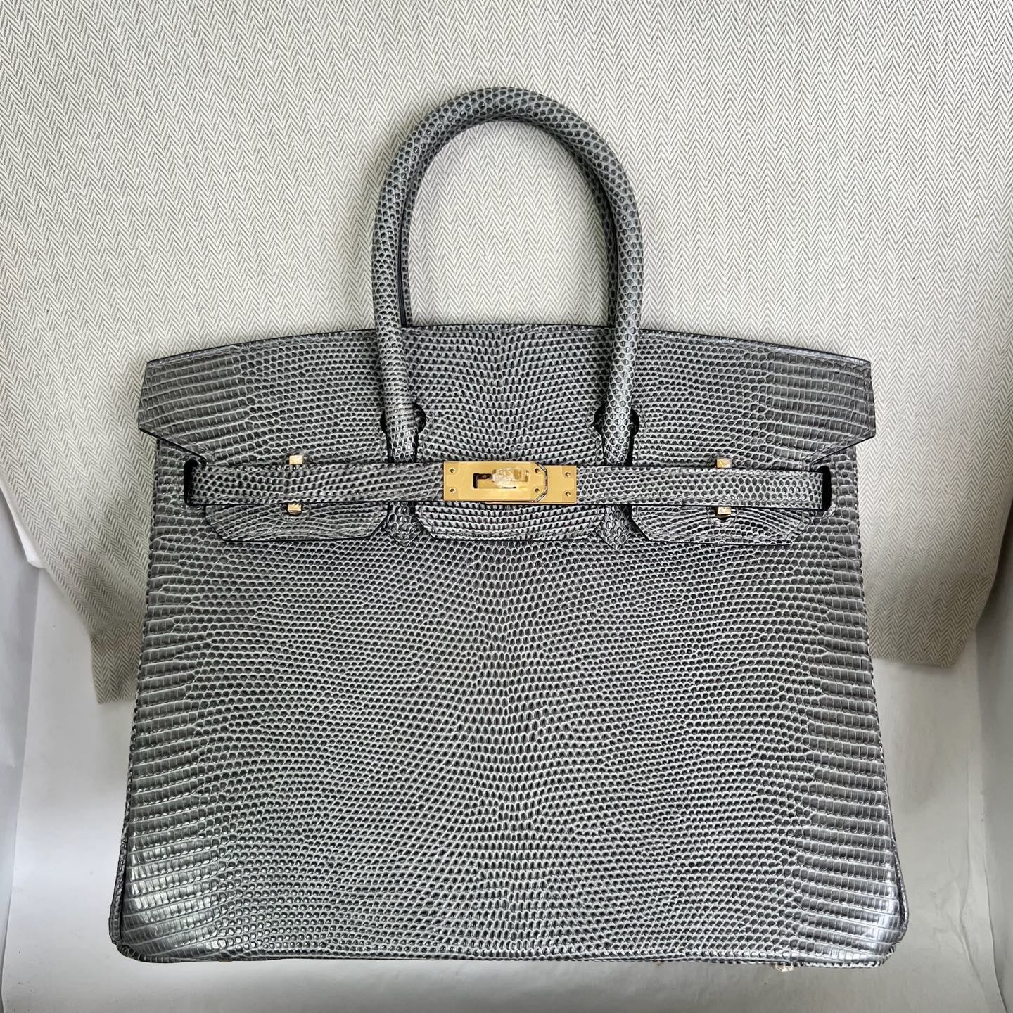 Spot Birkin 25cm Lizard imported glossy lizard skin Color: 82 dark gray Fully handmade wax stitching Ghw Stock - Image 12