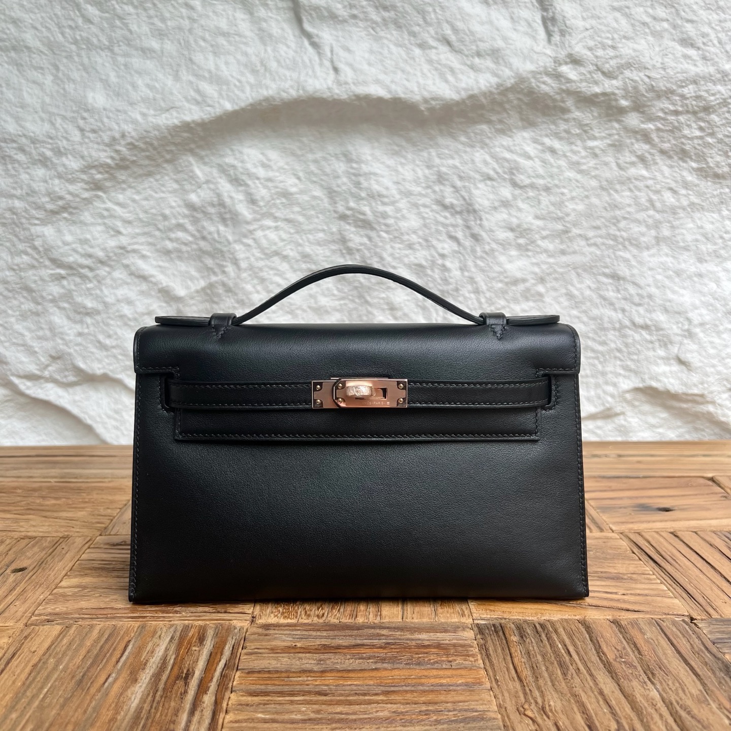 MiniKelly Pochette 22cm Swift Color: Ck89 black Noir Fully handmade wax stitching Rose gold buckle customized✈️