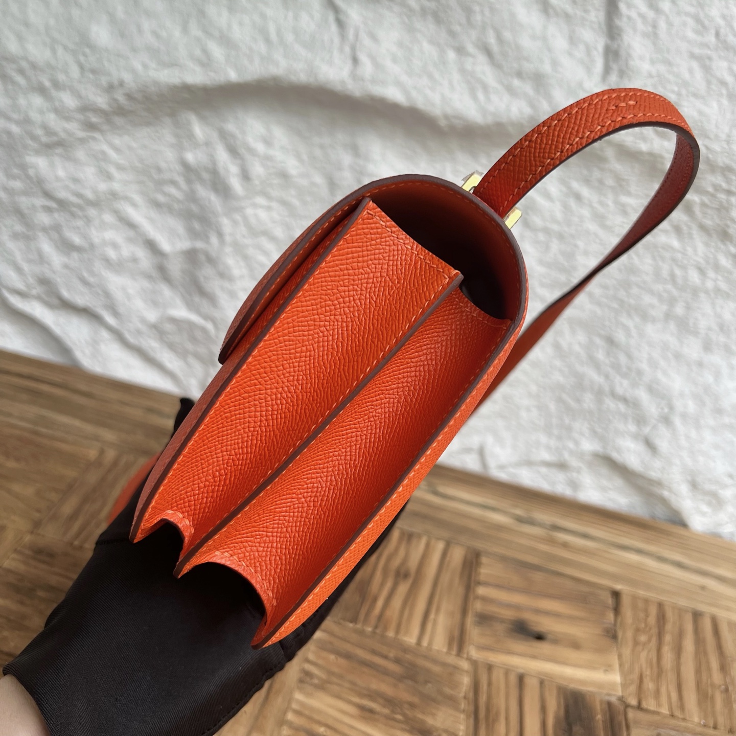 Constance 18cm mirror style🪞Epsom Color: 9J flame orange, fully handmade wax stitching Gold buckle customized✈️ - Image 3