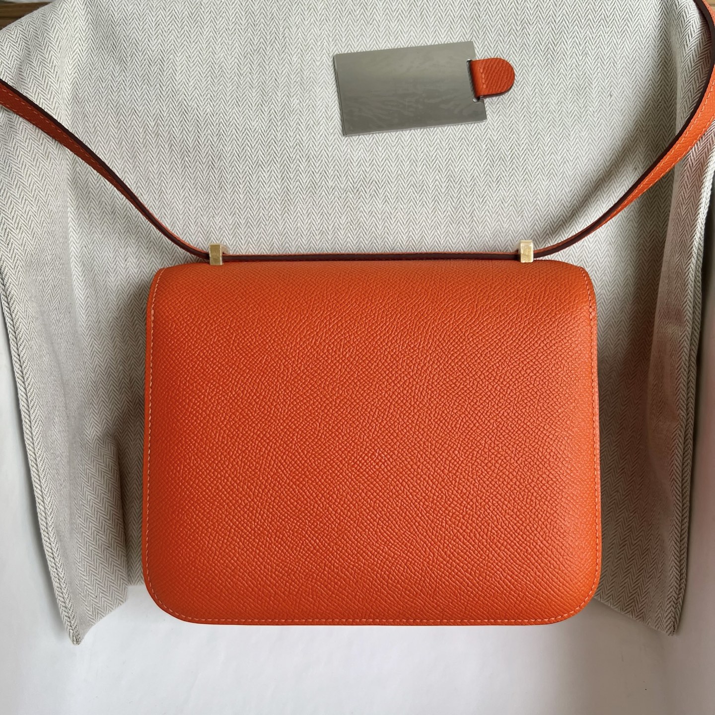 Constance 18cm mirror style🪞Epsom Color: 9J flame orange, fully handmade wax stitching Gold buckle customized✈️ - Image 12