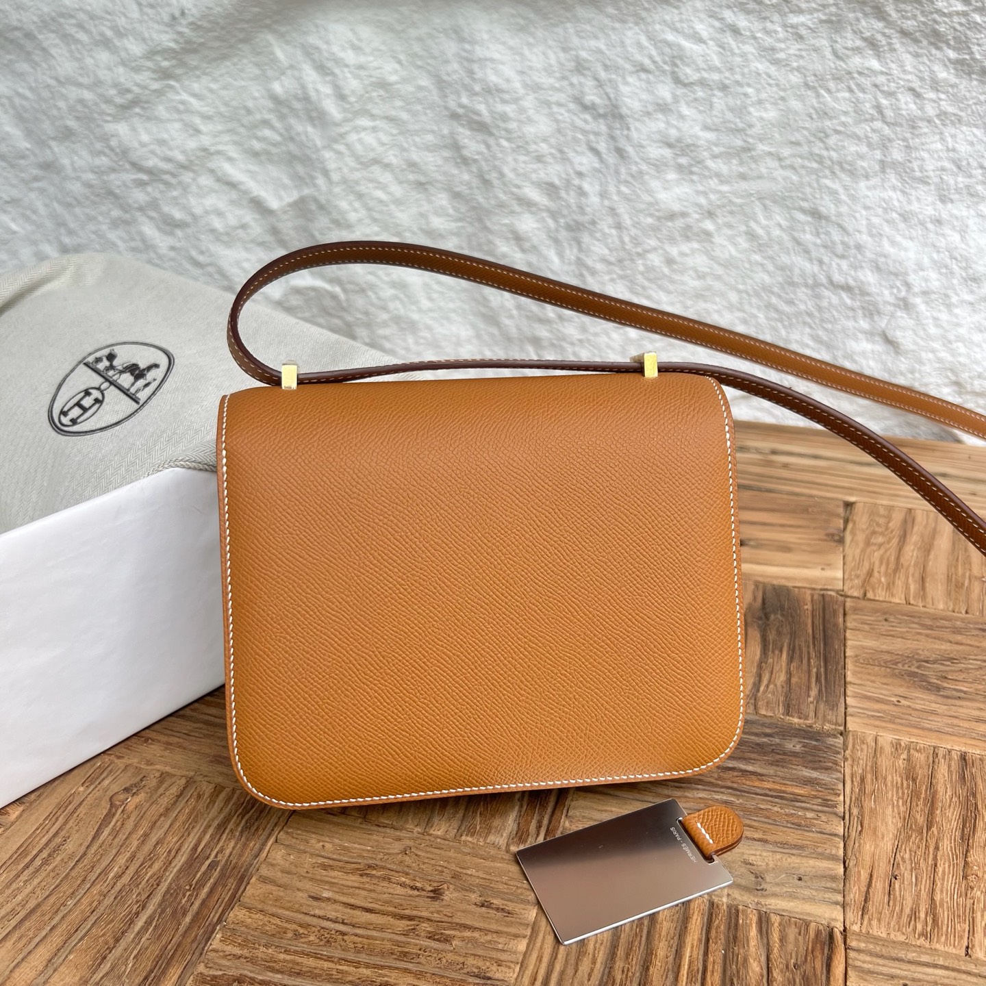 Constance 18cm mirror style🪞Epsom Color: CC37 golden brown Gold Fully handmade wax thread sewing Gold buckle Stock - Image 9