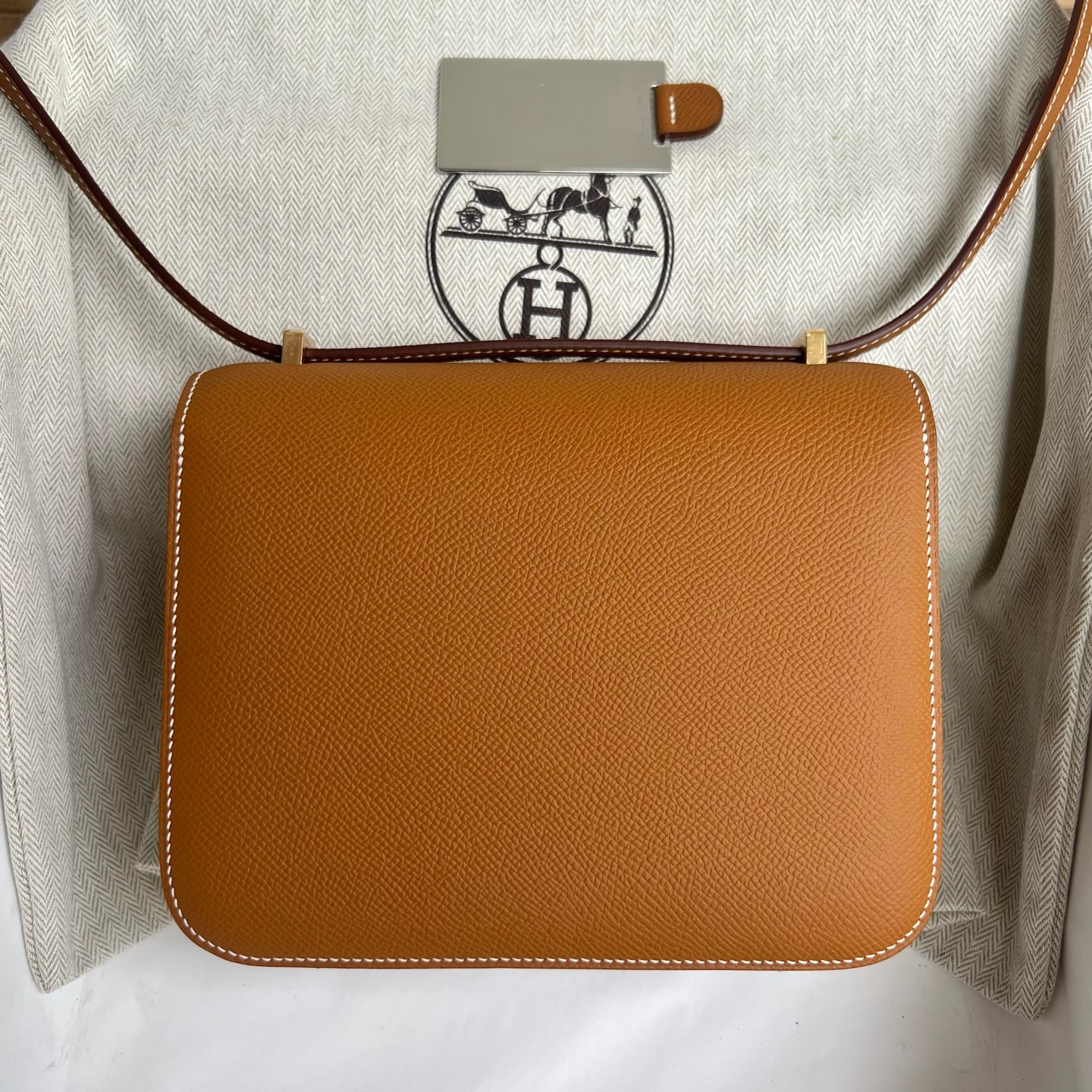 Constance 18cm mirror style🪞Epsom Color: CC37 golden brown Gold Fully handmade wax thread sewing Gold buckle Stock - Image 12