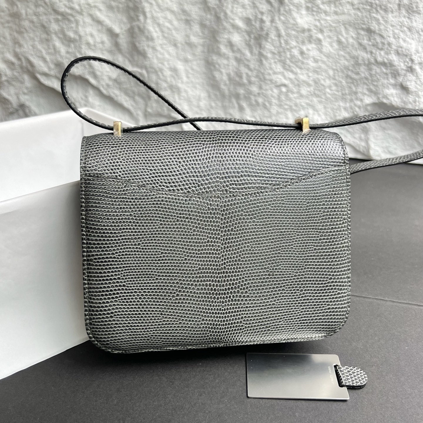 Constance 18cm Lizard original imported lizard skin Color: CC84 dark gray Gris Fonce Fully handmade wax thread sewing, gold buckle, customized✈️ - Image 4