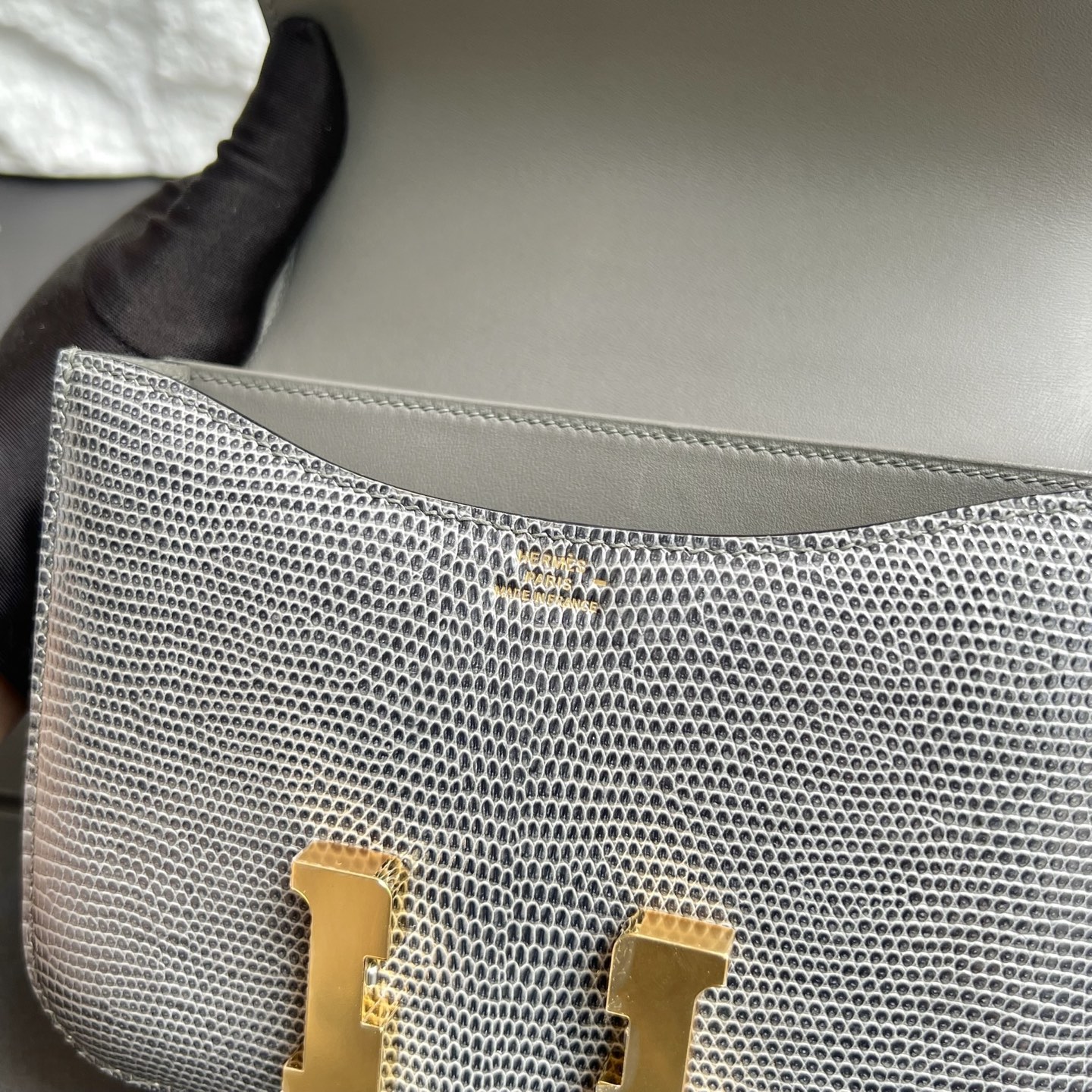 Constance 18cm Lizard original imported lizard skin Color: CC84 dark gray Gris Fonce Fully handmade wax thread sewing, gold buckle, customized✈️ - Image 6