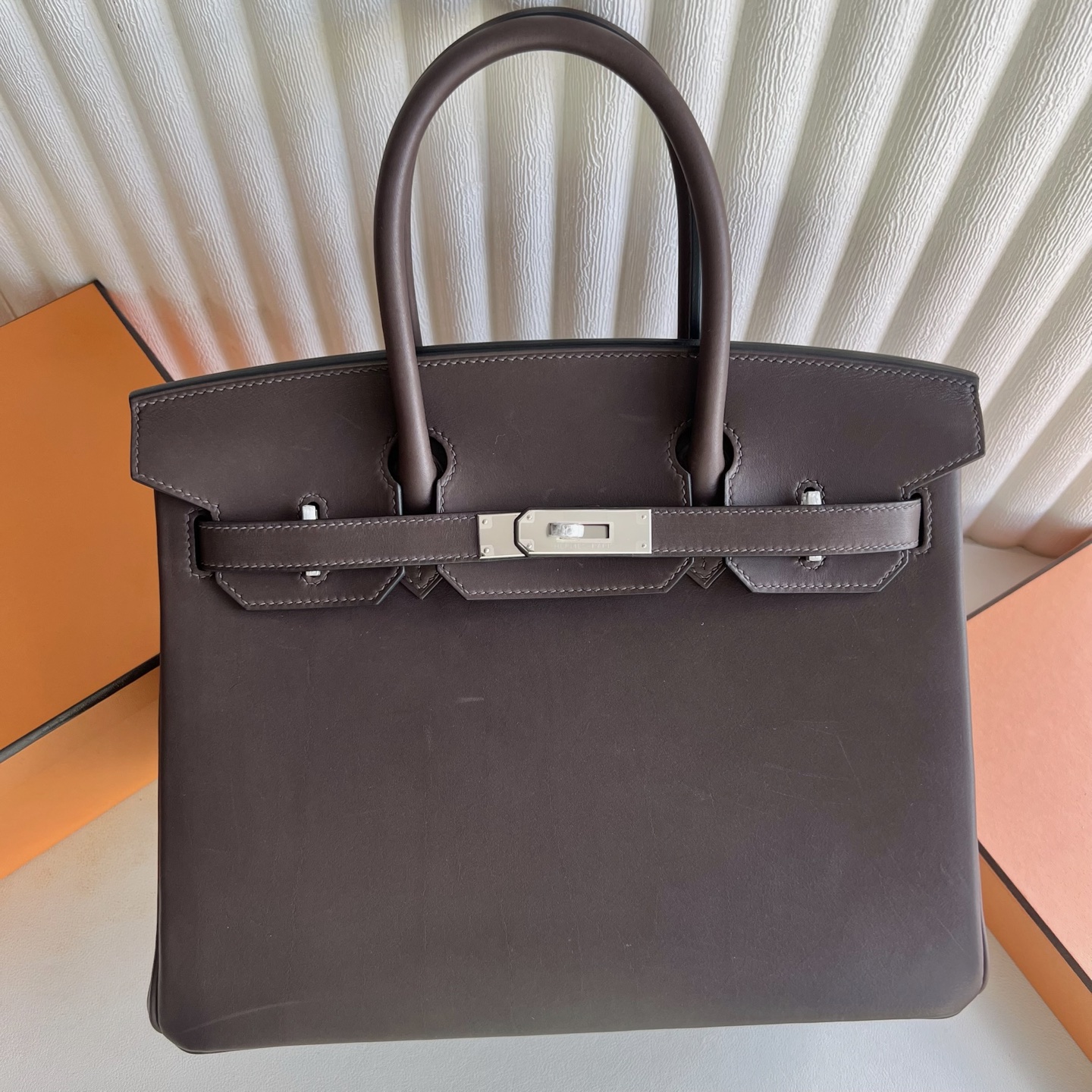 Birkin 30cm Barenia plain saddle leather Color: Ck46 ebony color Ebene silver buckle fully handmade wax stitching Phw customized✈️