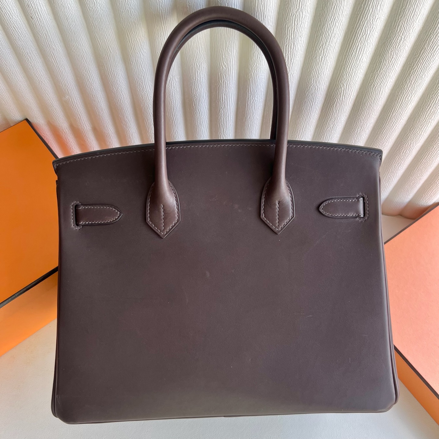 Birkin 30cm Barenia plain saddle leather Color: Ck46 ebony color Ebene silver buckle fully handmade wax stitching Phw customized✈️ - Image 4