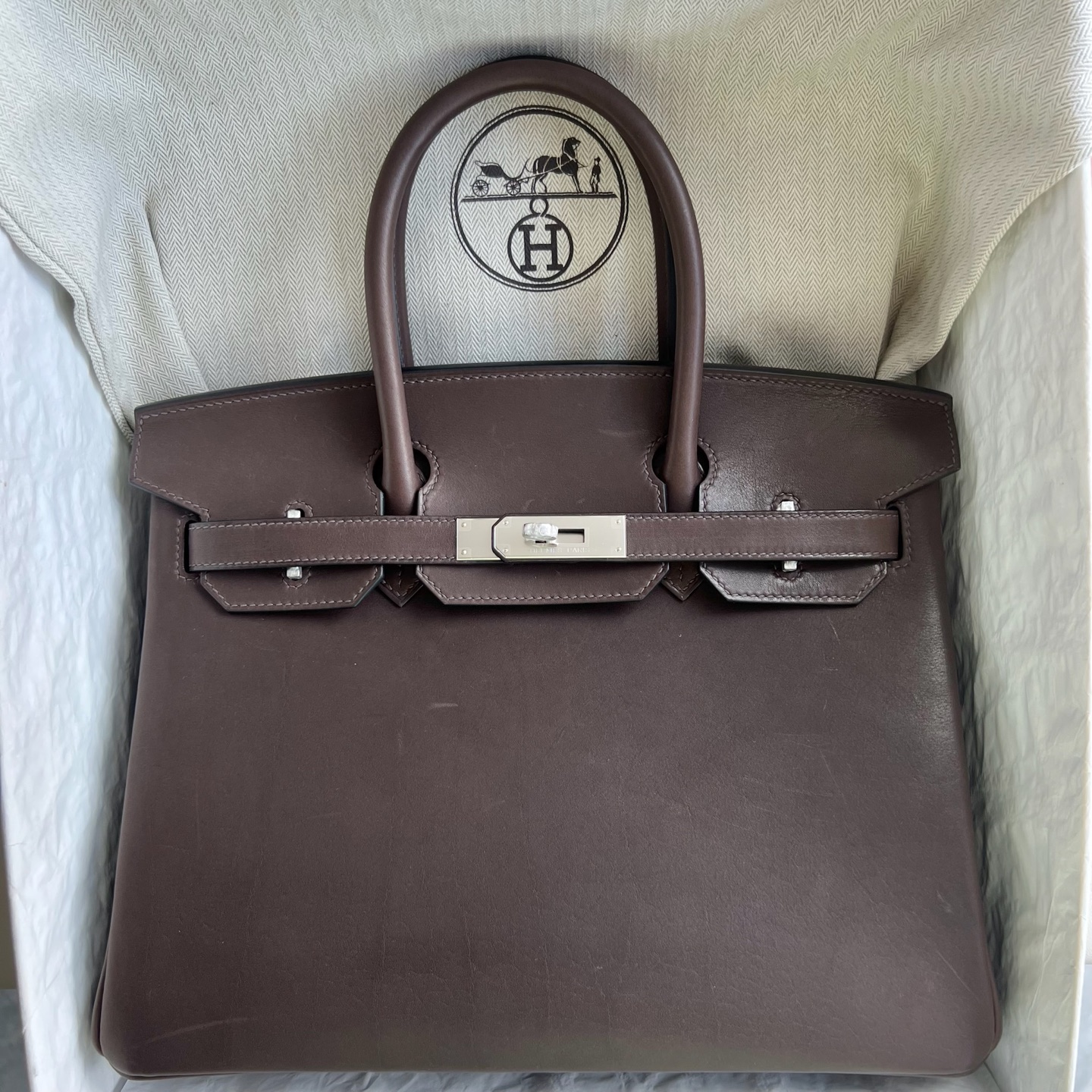 Birkin 30cm Barenia plain saddle leather Color: Ck46 ebony color Ebene silver buckle fully handmade wax stitching Phw customized✈️ - Image 10