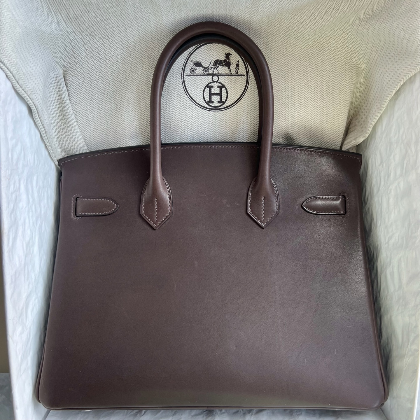 Birkin 30cm Barenia plain saddle leather Color: Ck46 ebony color Ebene silver buckle fully handmade wax stitching Phw customized✈️ - Image 11